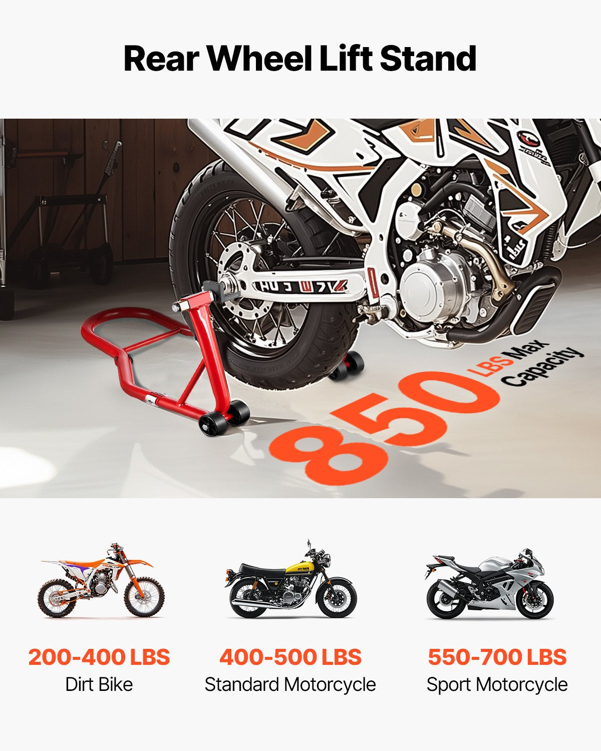 Motociklo galinio rato stovas VEVOR TD-003-05R, 385 kg keliamoji galia