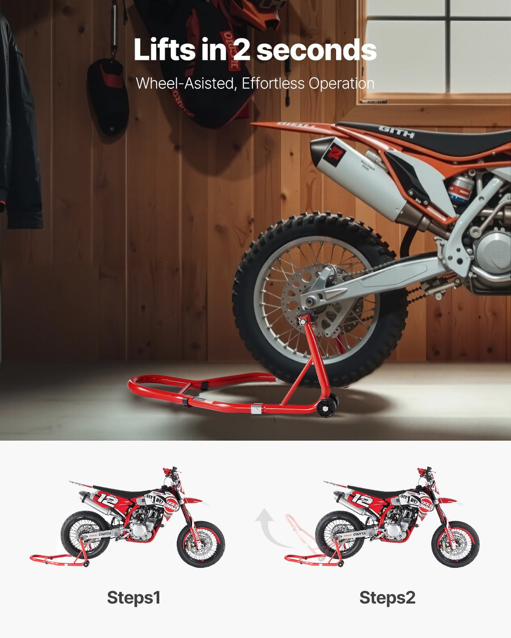 Motociklo galinio rato stovas VEVOR TD-003-05R, 385 kg keliamoji galia
