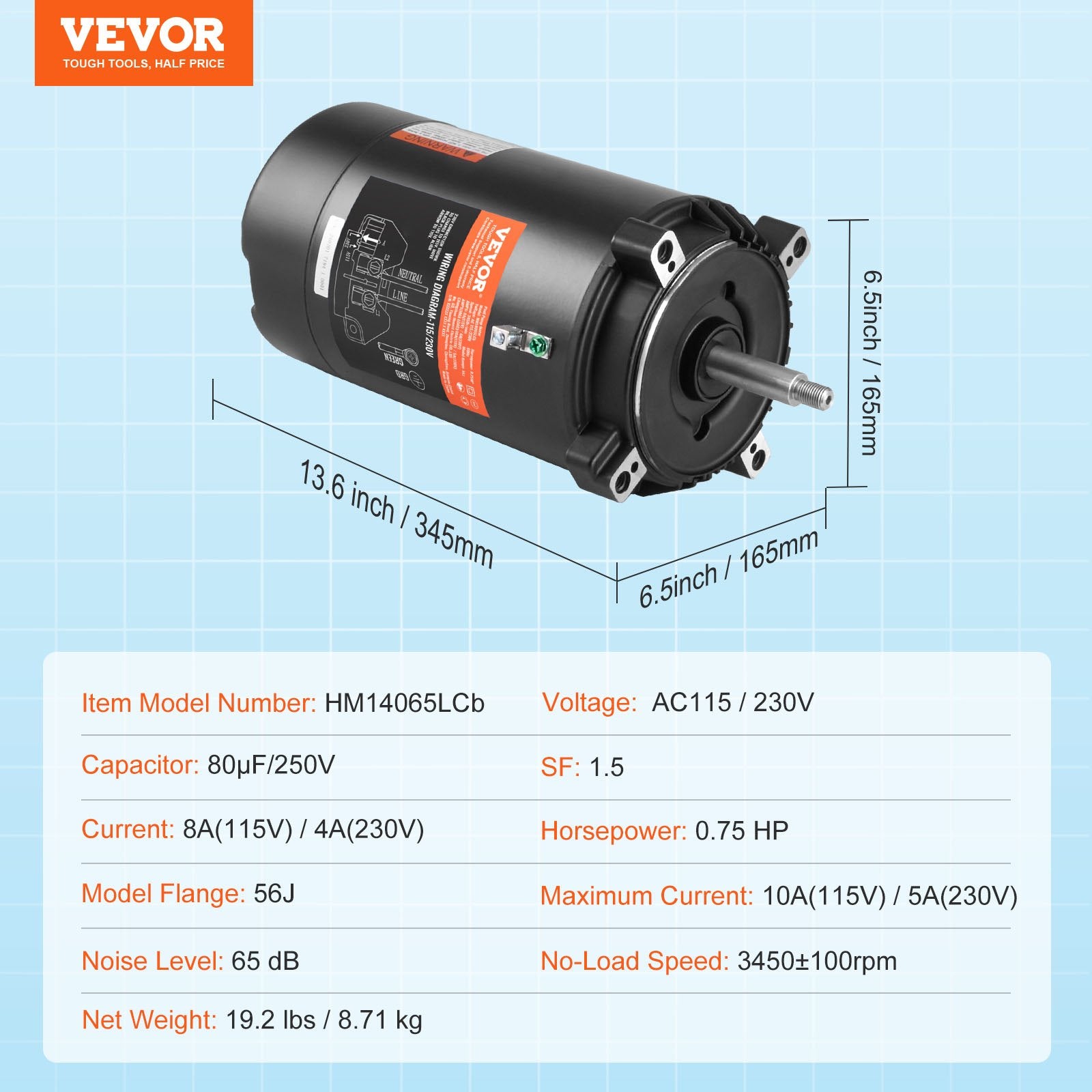 Baseino siurblio variklis VEVOR HM14065LCb, 0,75 AG