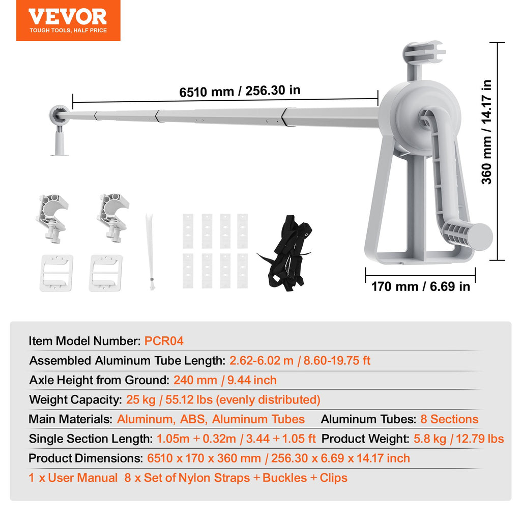 Baseino uždangalo vyniojimo mechanizmas VEVOR PCR04, 2,62–6,02 m