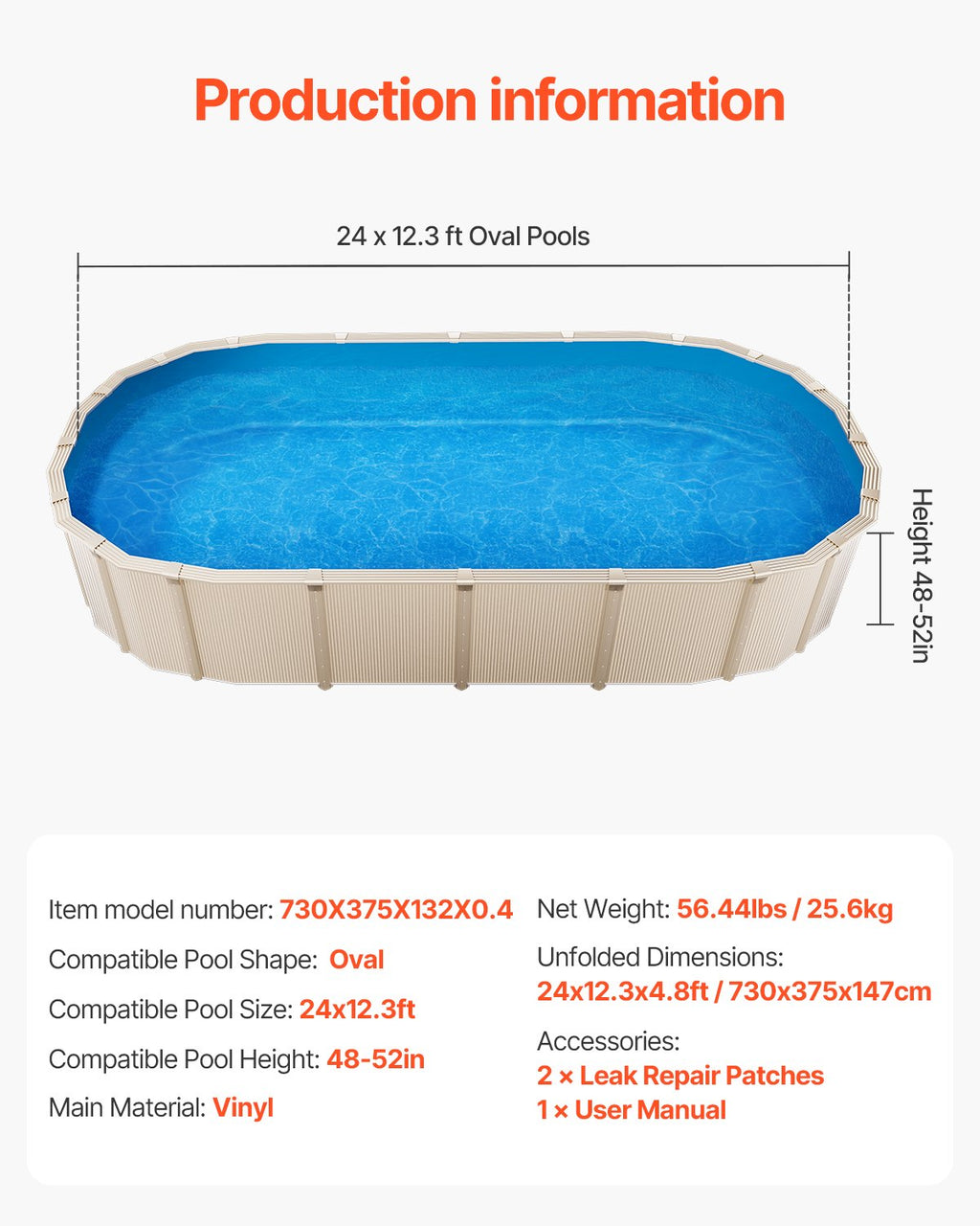 Ovalus baseino įdėklas VEVOR 730X375X132X0.4, 7,3 x 3,75 m