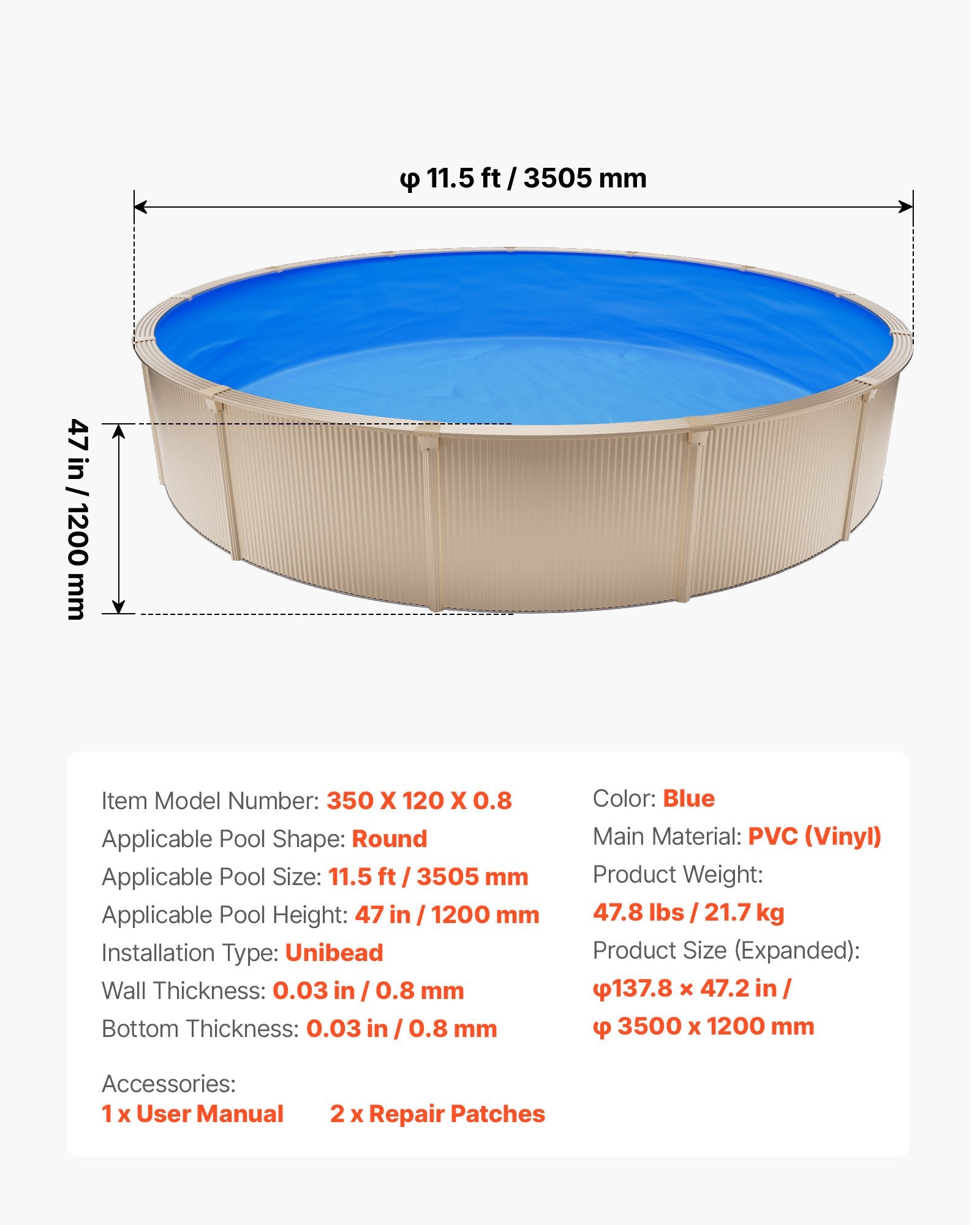 Baseino įdėklas VEVOR 350X120X0.8, 350,5 cm skersmens