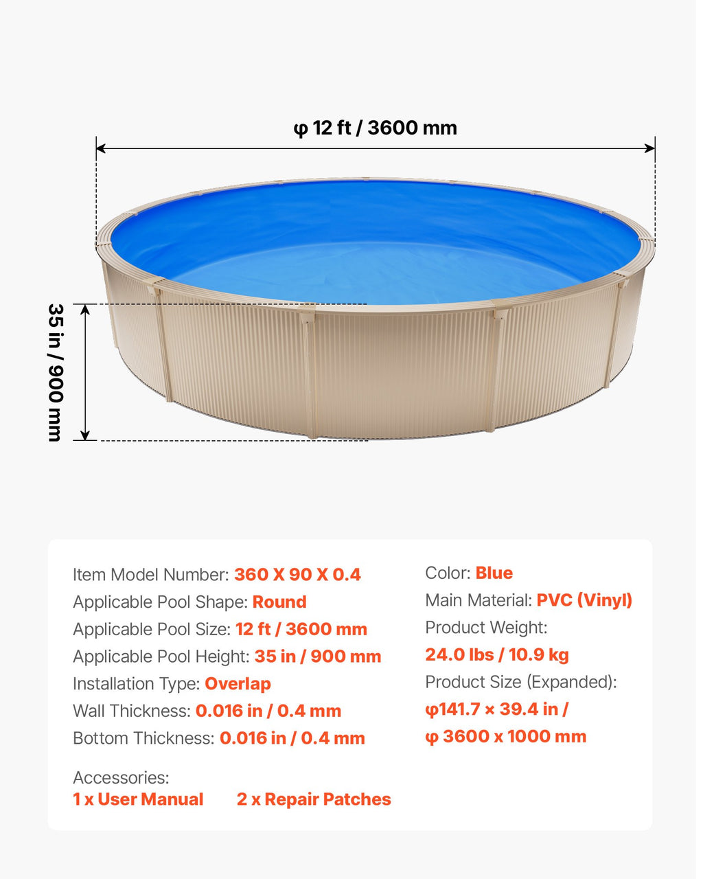 Baseino įdėklas VEVOR 360X90X0.4, 365,7 cm skersmens