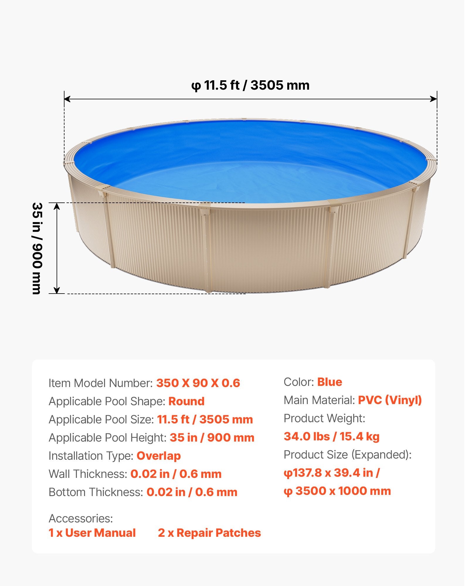 Baseino įdėklas VEVOR 350X90X0.6, 350,5 cm skersmens