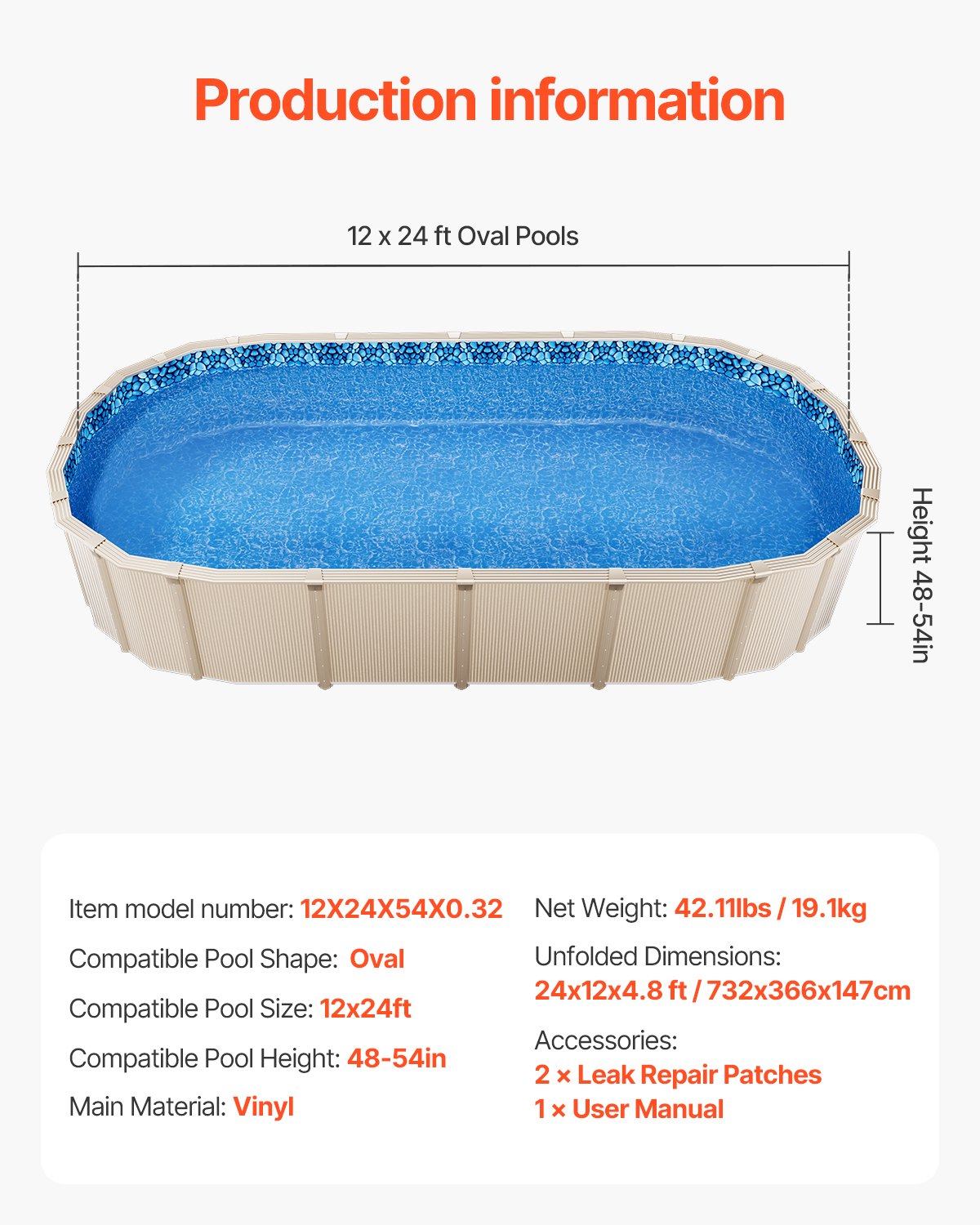 Ovalaus baseino įdėklas VEVOR 12X24X54X0.32, 3,66 x 7,32 m