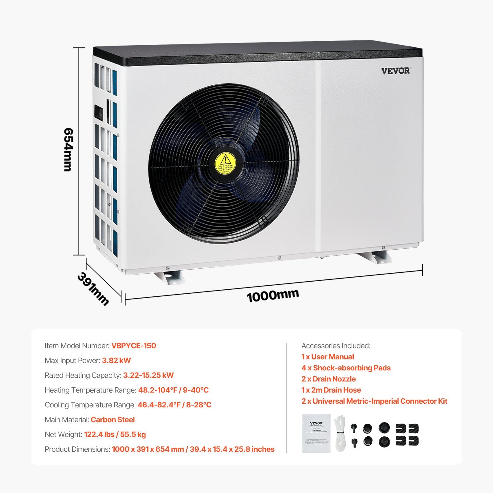 Elektrinis baseino šilumos siurblys VEVOR VBPYCE-150, 15,25 kW