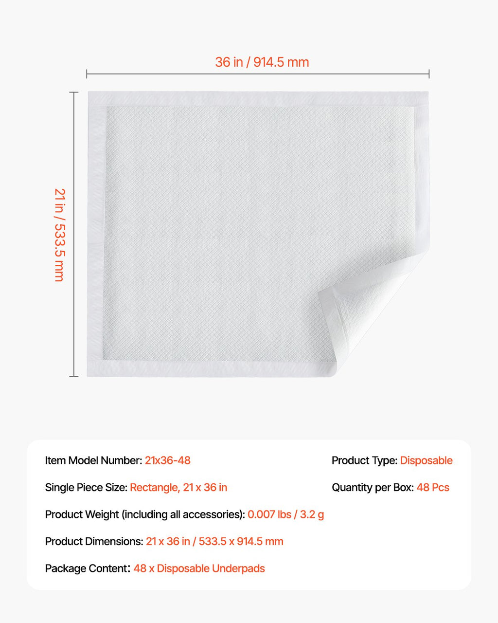 Vienkartiniai paklotai VEVOR 21x36-48, 53 x 91 cm, 48 vnt.
