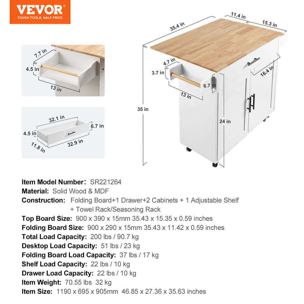 Virtuvės sala VEVOR SR221264, 90 cm pločio.