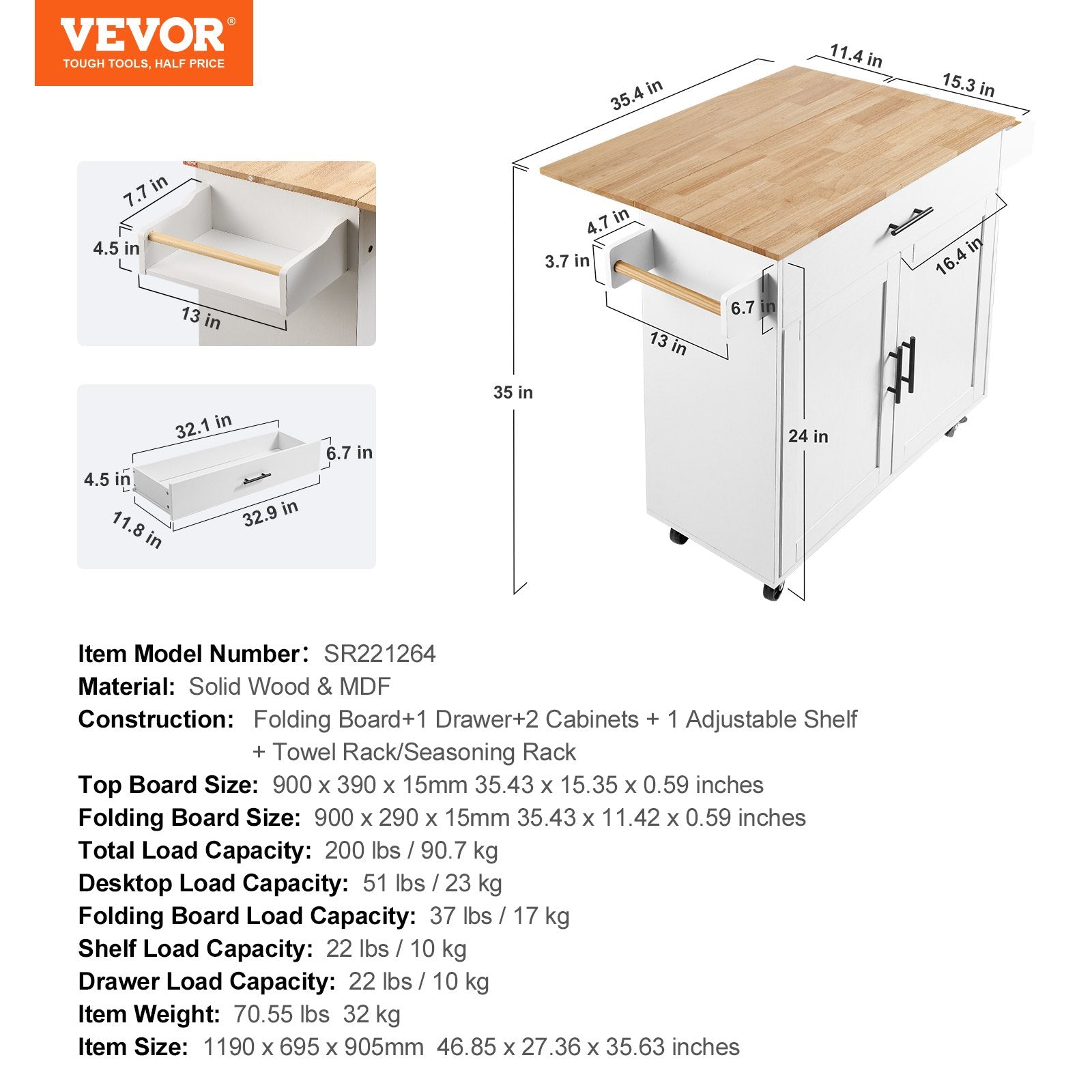 Virtuvės sala VEVOR SR221264, 90 cm pločio.