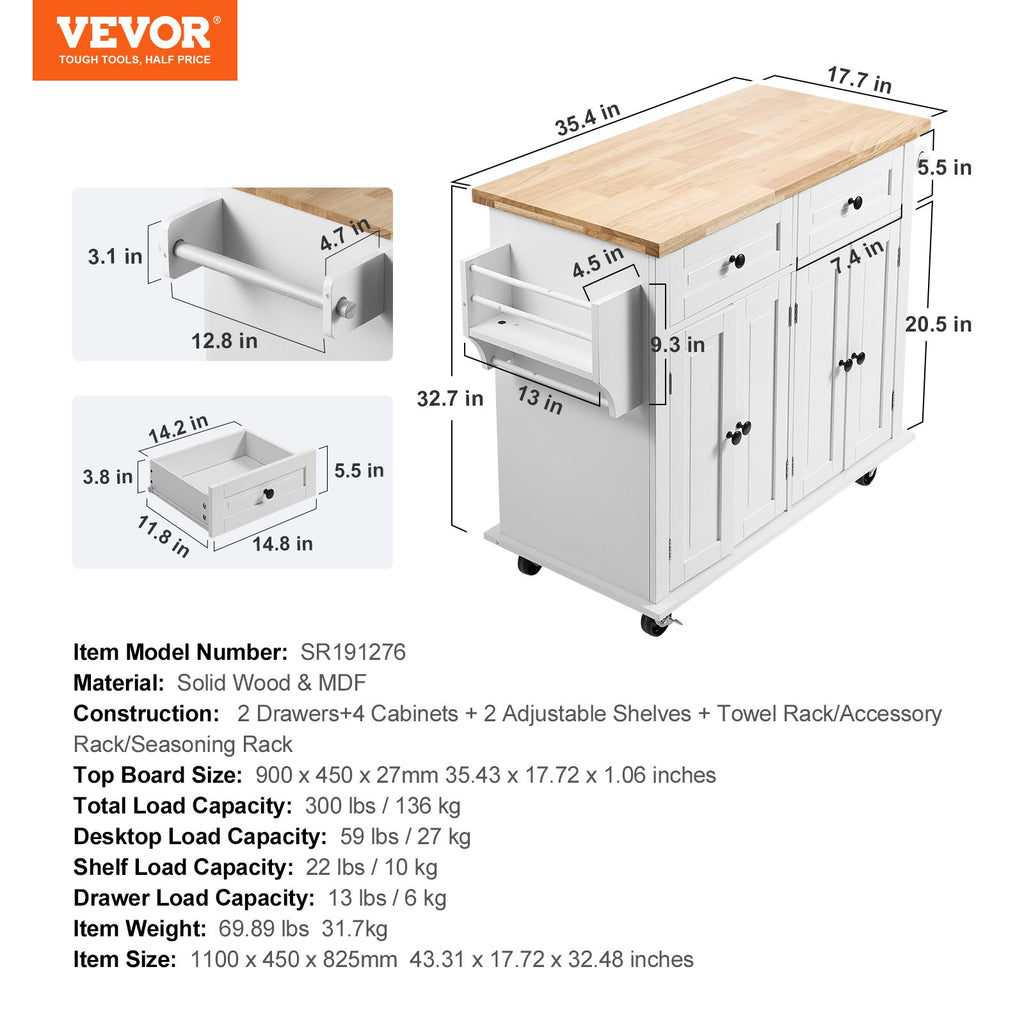 Virtuvės sala-vežimėlis VEVOR SR191276, 90 cm pločio