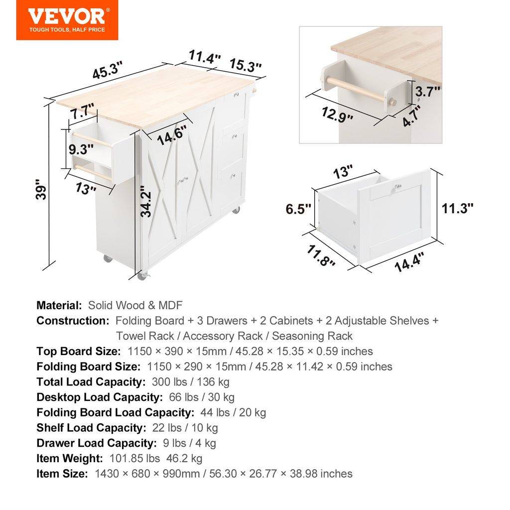 Virtuvės sala-vežimėlis VEVOR SR221265, 115 cm pločio