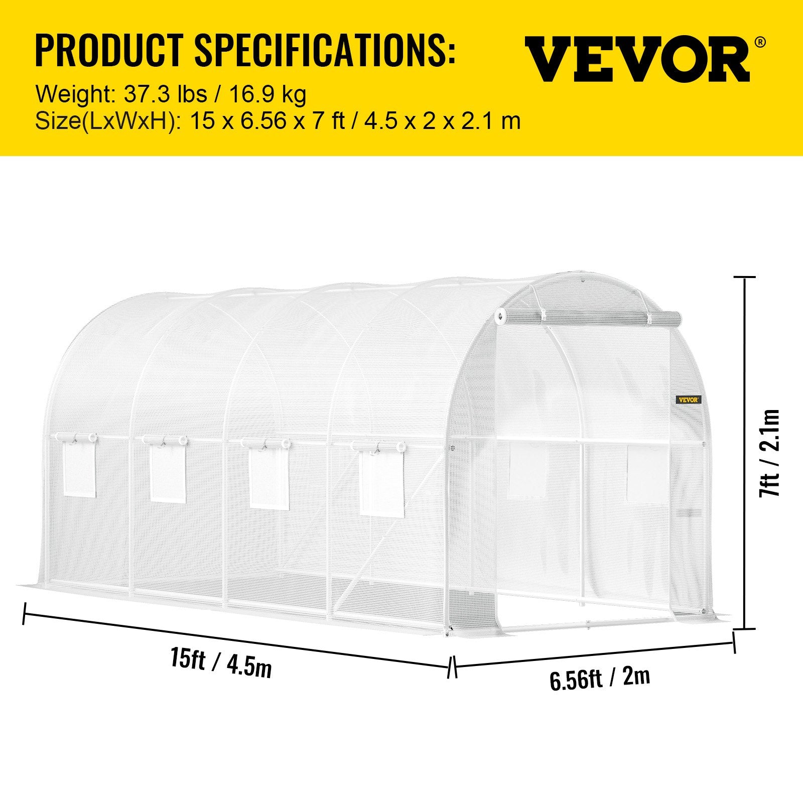 Šiltnamis tunelis VEVOR VV-TG-1577WHITE, 4,6 x 2 x 2,1 m