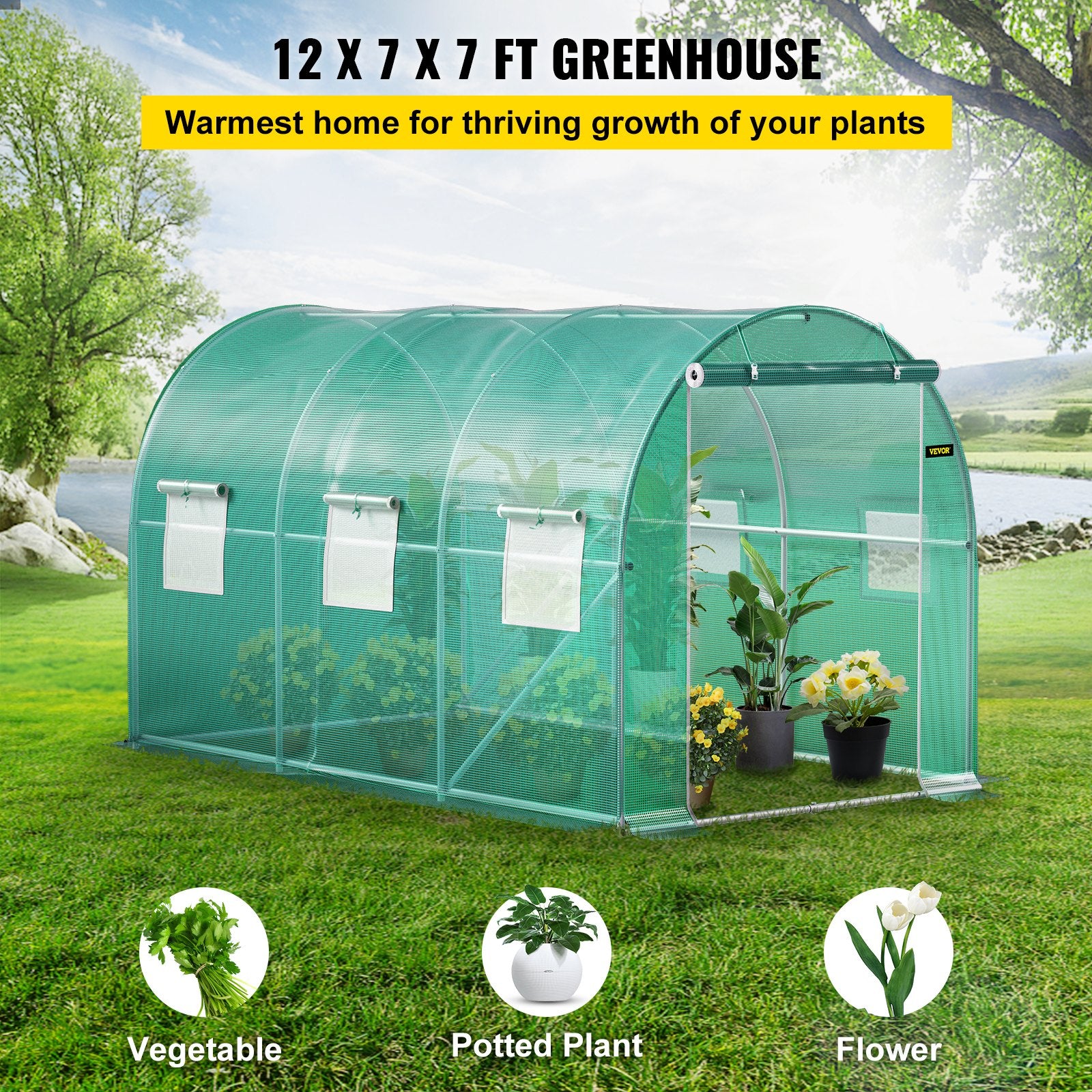 Tunelinis šiltnamis VEVOR VV-TG-1577GREEN, 3,7 x 2,1 x 2,1 m