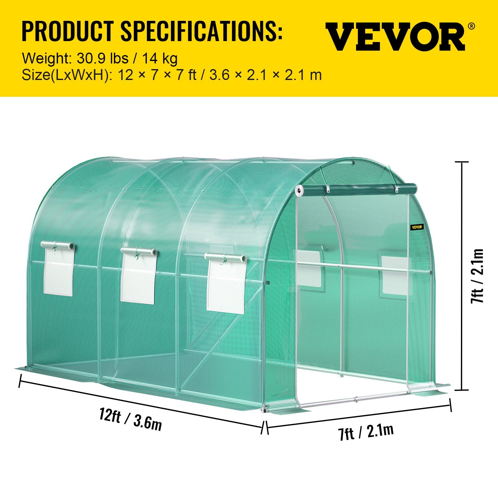 Tunelinis šiltnamis VEVOR VV-TG-1577GREEN, 3,7 x 2,1 x 2,1 m