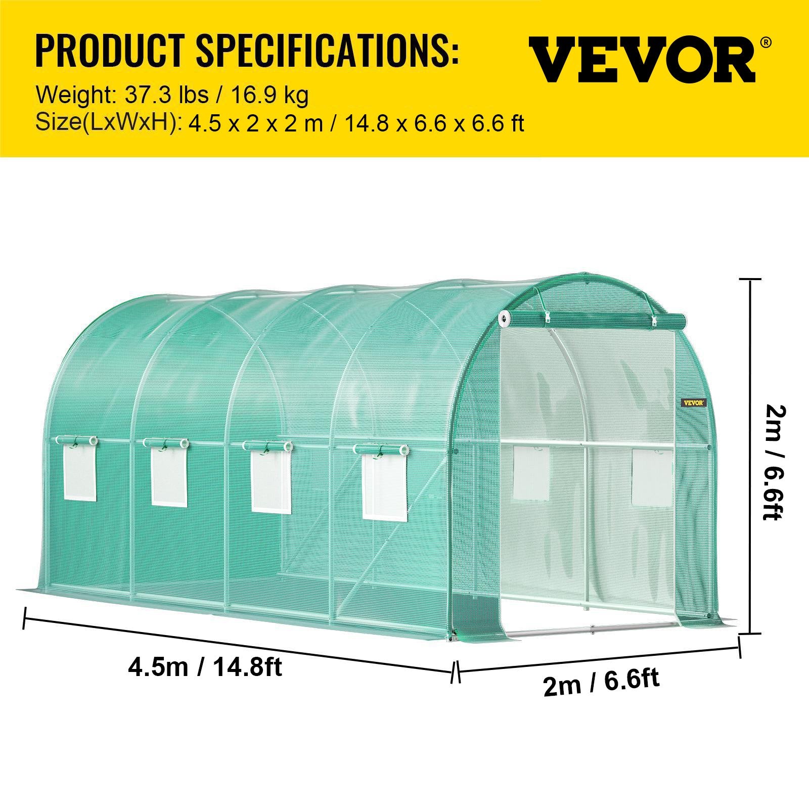 Šiltnamis tunelinis VEVOR VV-TG-1577GREEN, 4,5 x 2 x 2 m