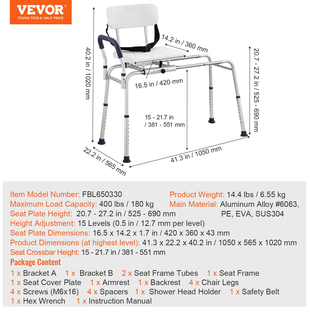 Vonios suoliukas-kėdė su slankiojimo funkcija VEVOR FBL650329, 180 kg keliamoji galia