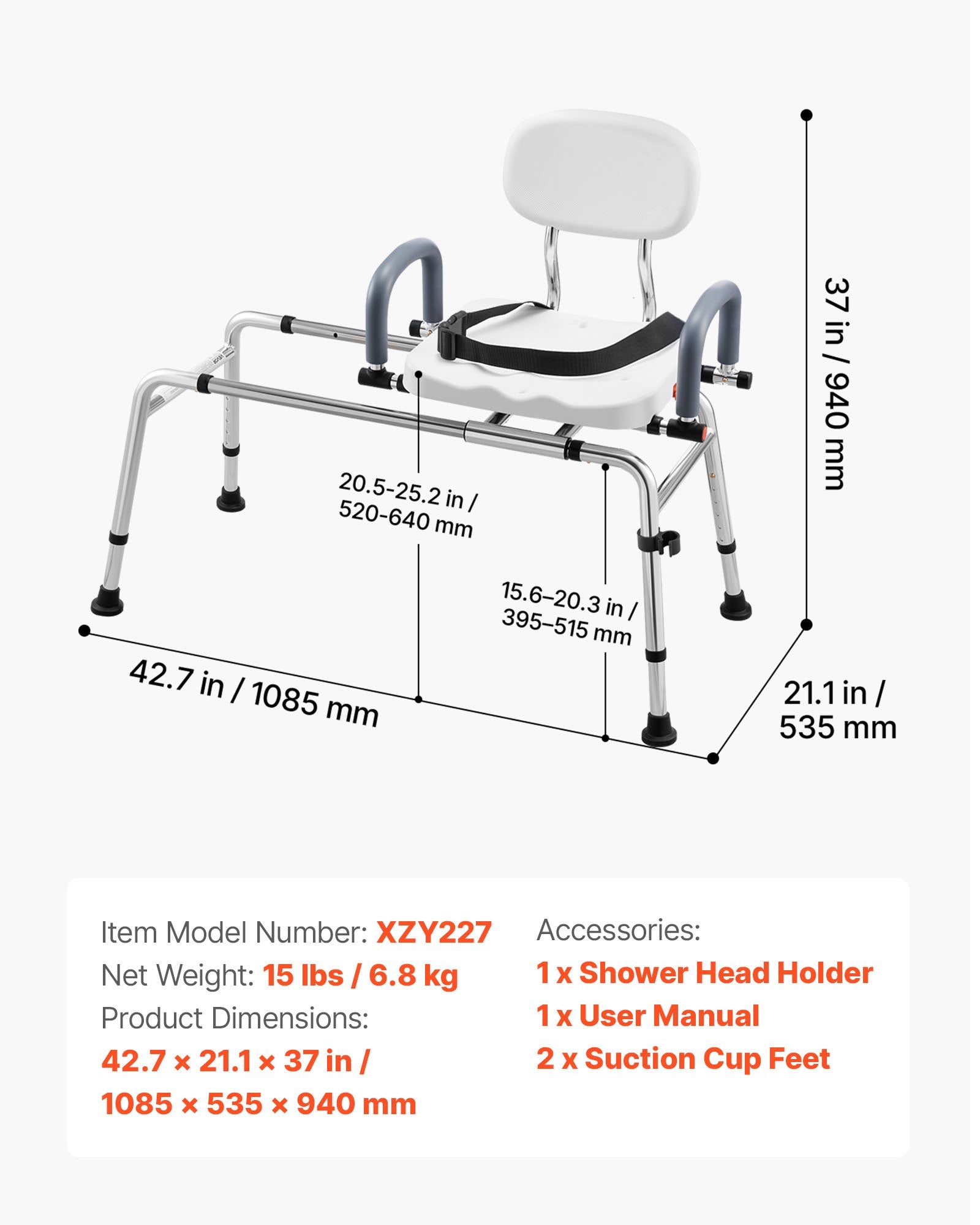 Dušo ir vonios kėdė-suoliukas VEVOR XZY227, 180 kg apkrova