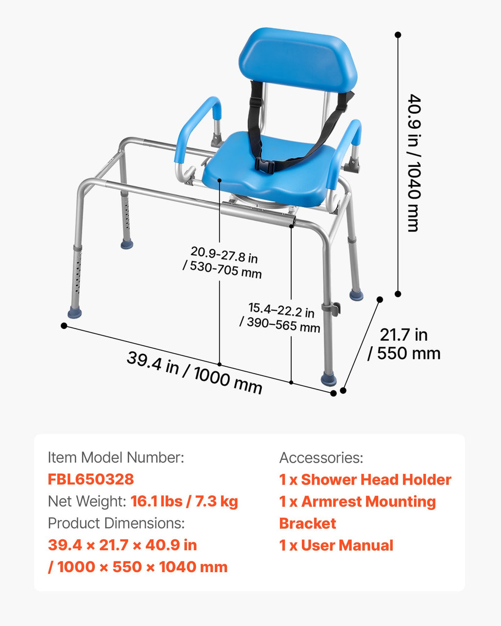 Dušo kėdė-suoliukas VEVOR FBL650328, 150 kg apkrova