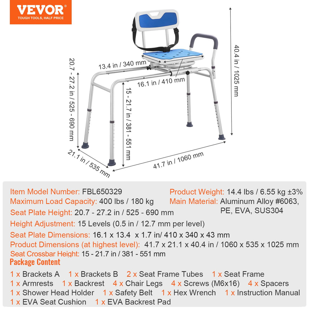 Vonios suoliukas-perkėlimo kėdė VEVOR FBL650329, 180 kg keliamoji galia