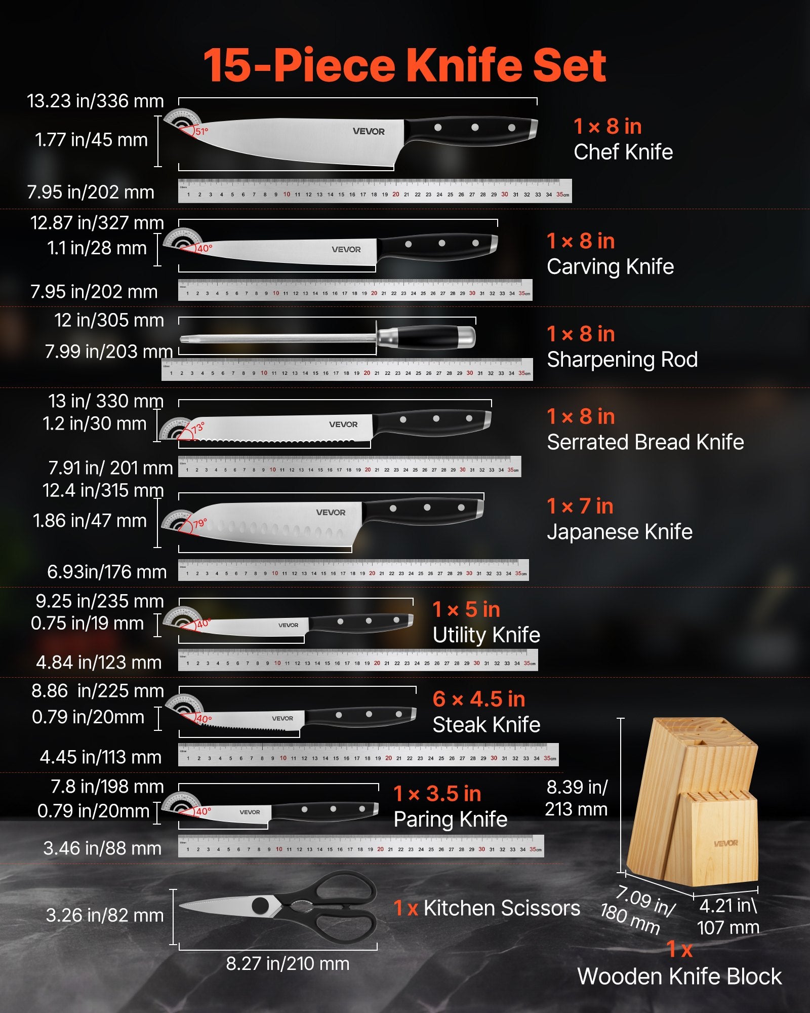 Virtuvinių peilių rinkinys VEVOR KD45P71MM40-15PCS, 15 dalių