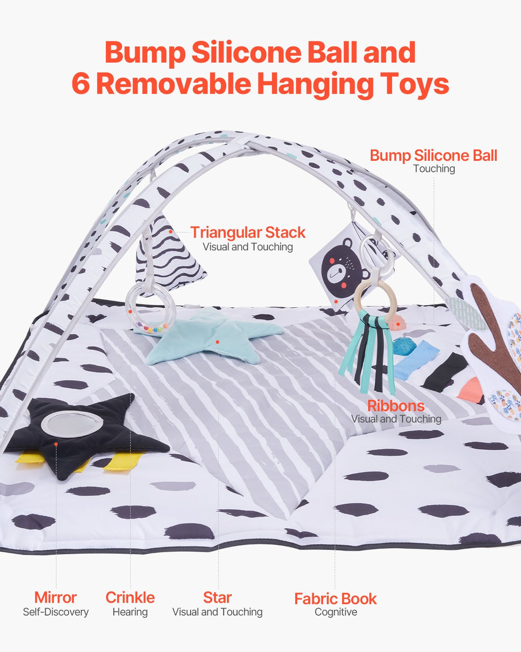 Kūdikių lavinimo kilimėlis VEVOR PM1-4, 6 sensoriniai žaislai