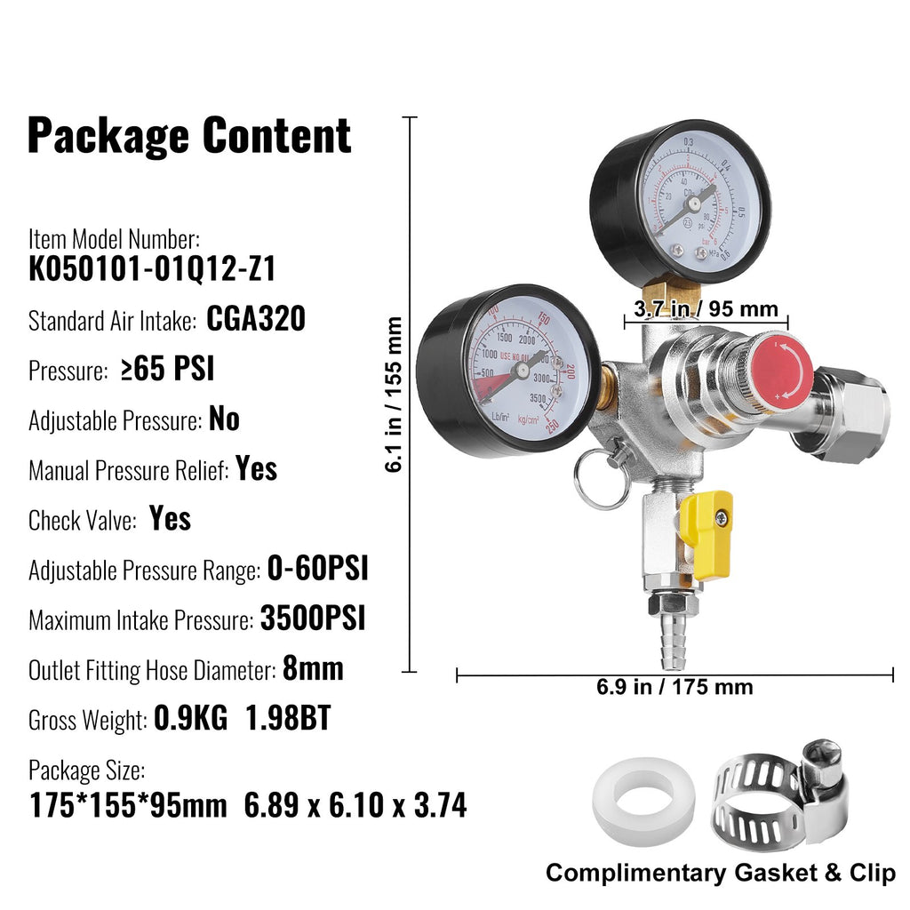 CO2 reduktorius VEVOR K050101-01Q12-Z1, 0-60 PSI