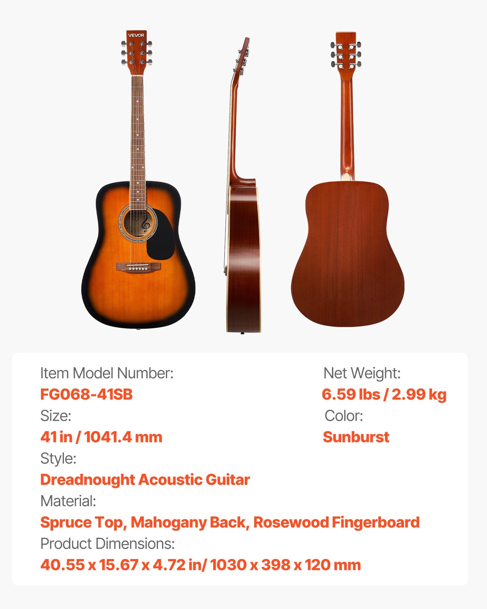 Akustinė gitara VEVOR FG068-41SB, 41 colio