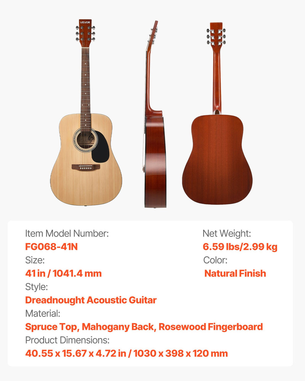 Akustinė gitara VEVOR FG068-41N, 41 colio (104 cm)