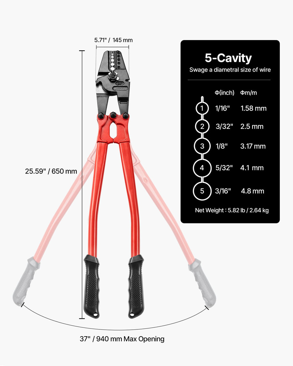 Rankinis trosų presavimo įrankis VEVOR 24 colių, 1,5-5 mm įvorėms