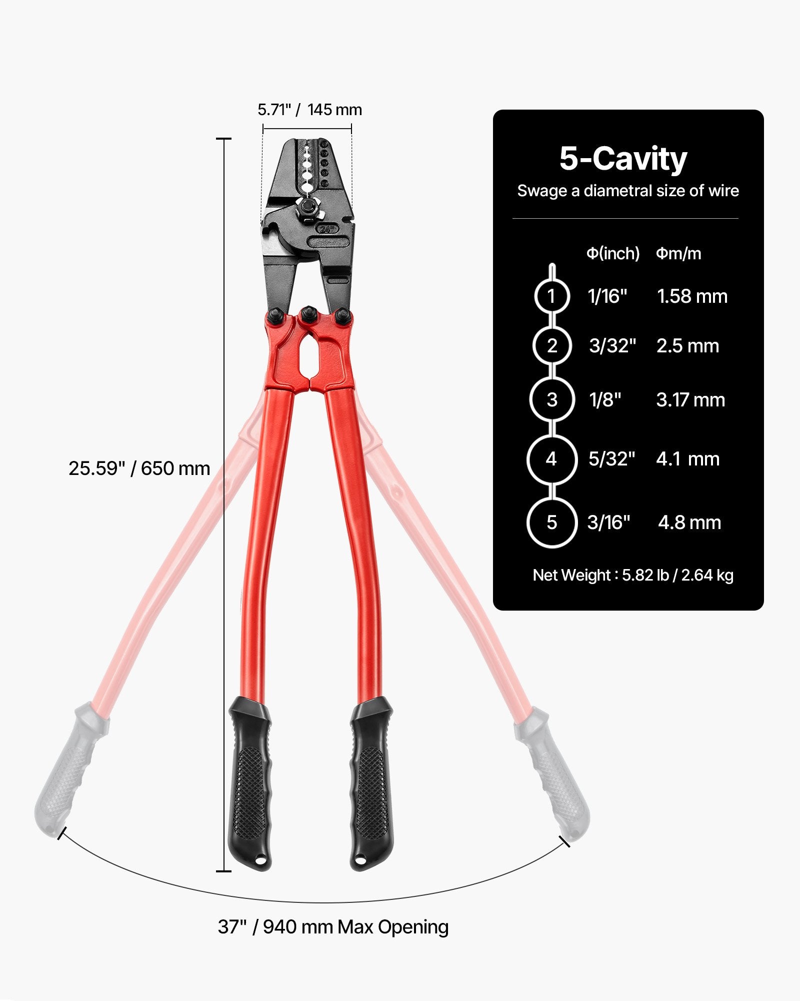 Rankinis trosų presavimo įrankis VEVOR 24 colių, 1,5-5 mm įvorėms