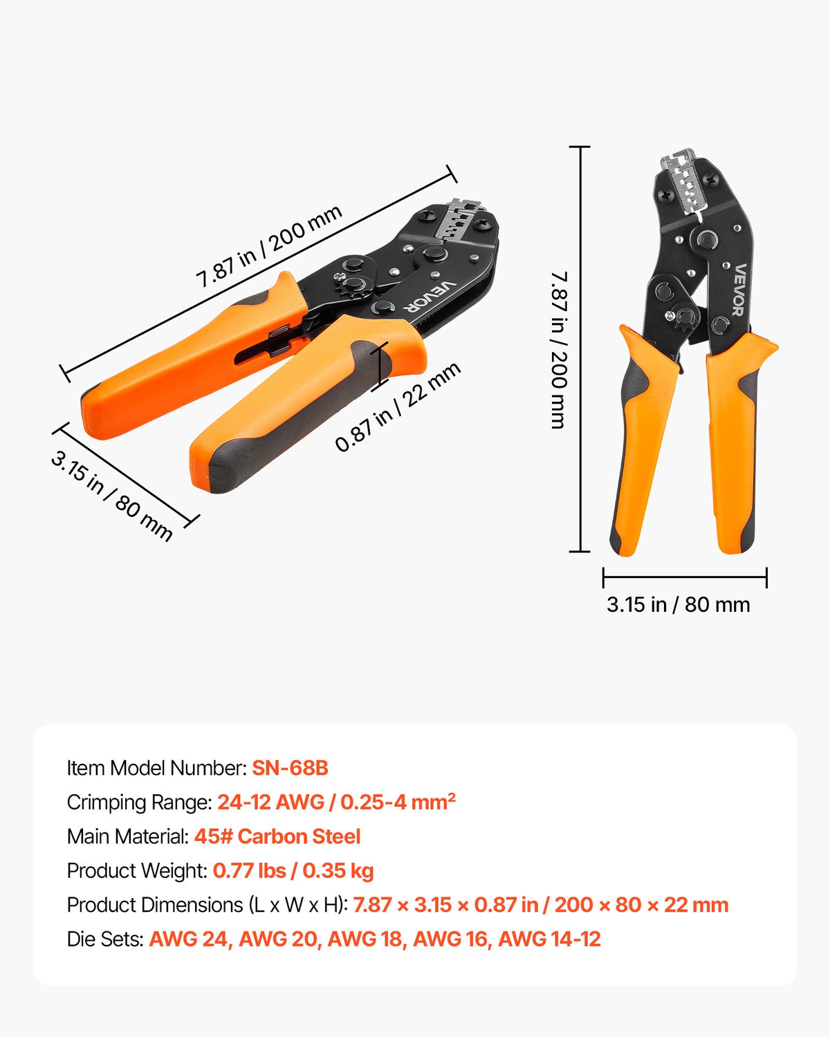 Užspaudimo replės VEVOR SN-68B, 0,25–4 mm²