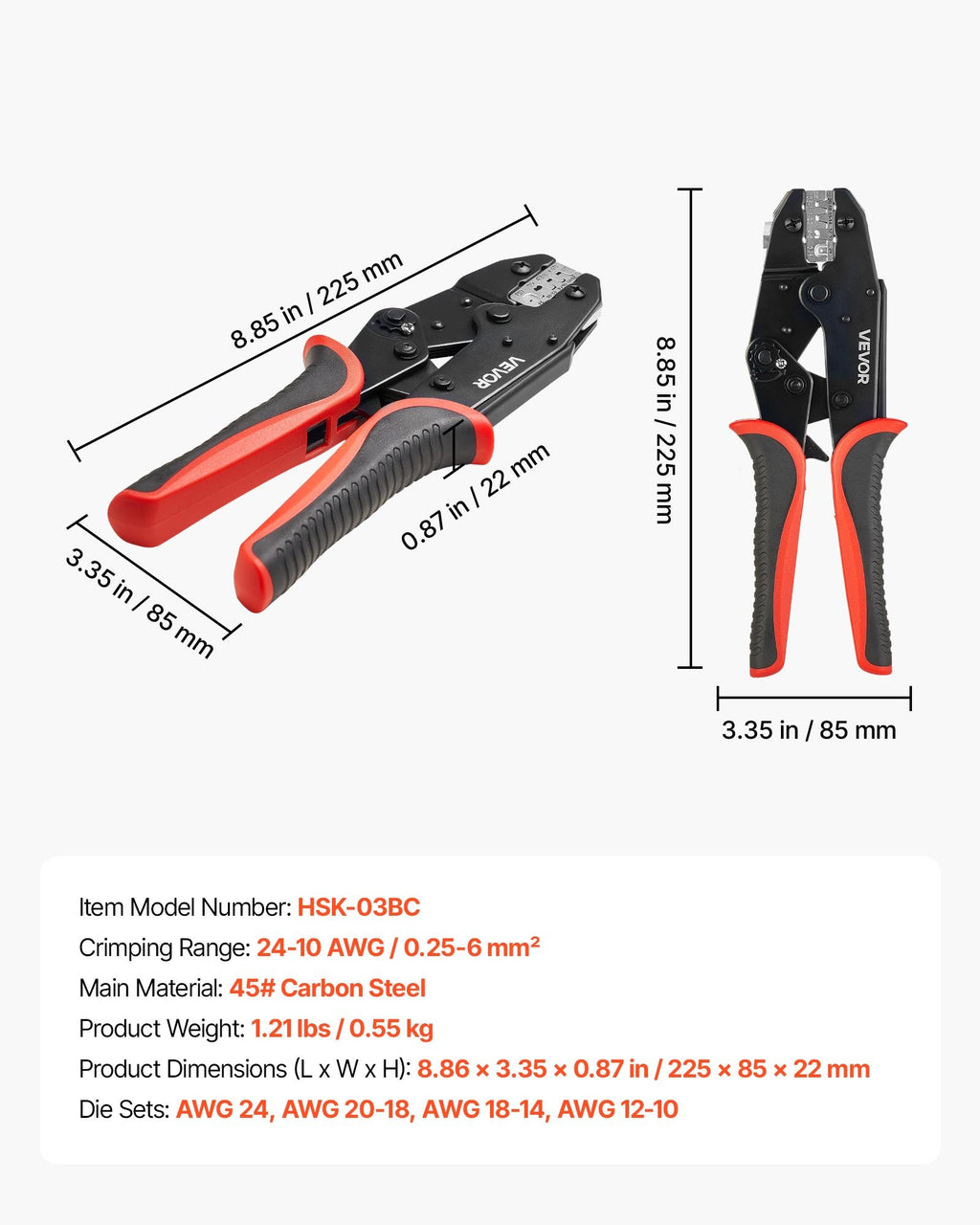 Užspaudimo replės VEVOR HSK-03BC, 0,25-6 mm²