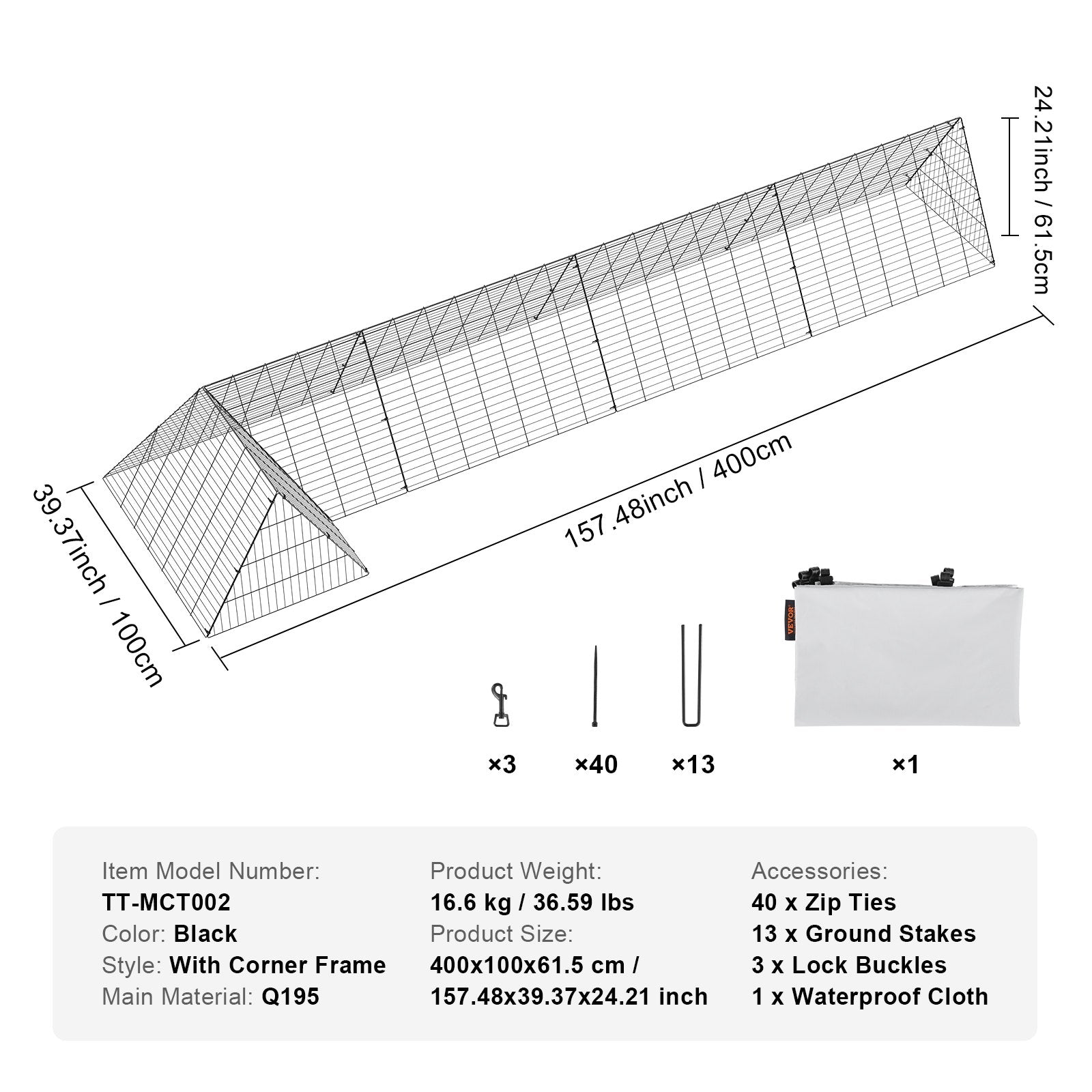 Vištų tunelis VEVOR TT-MCT002, 400x100x61,5 cm