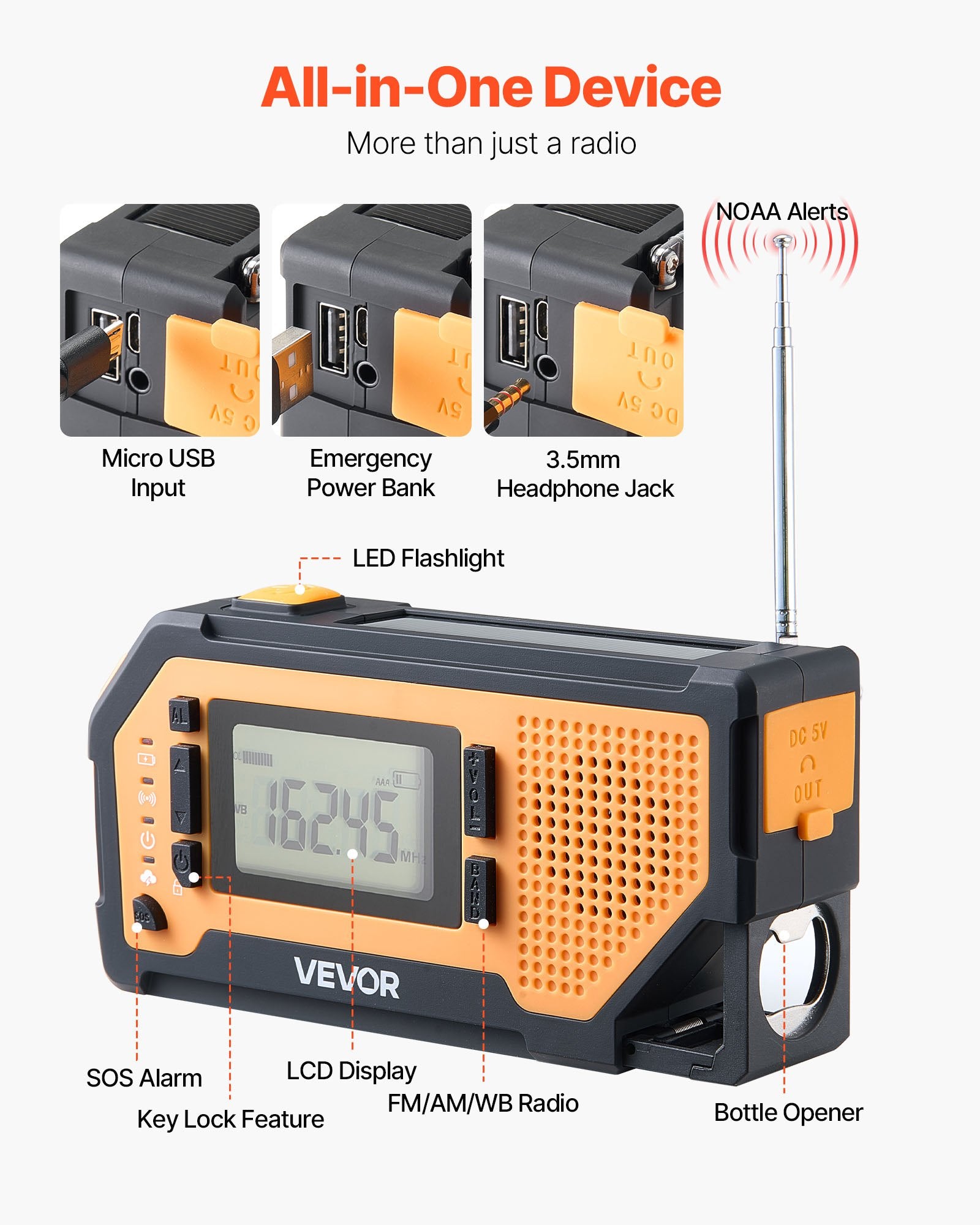 Avarinis radijo imtuvas VEVOR MD-092P, 2000 mAh