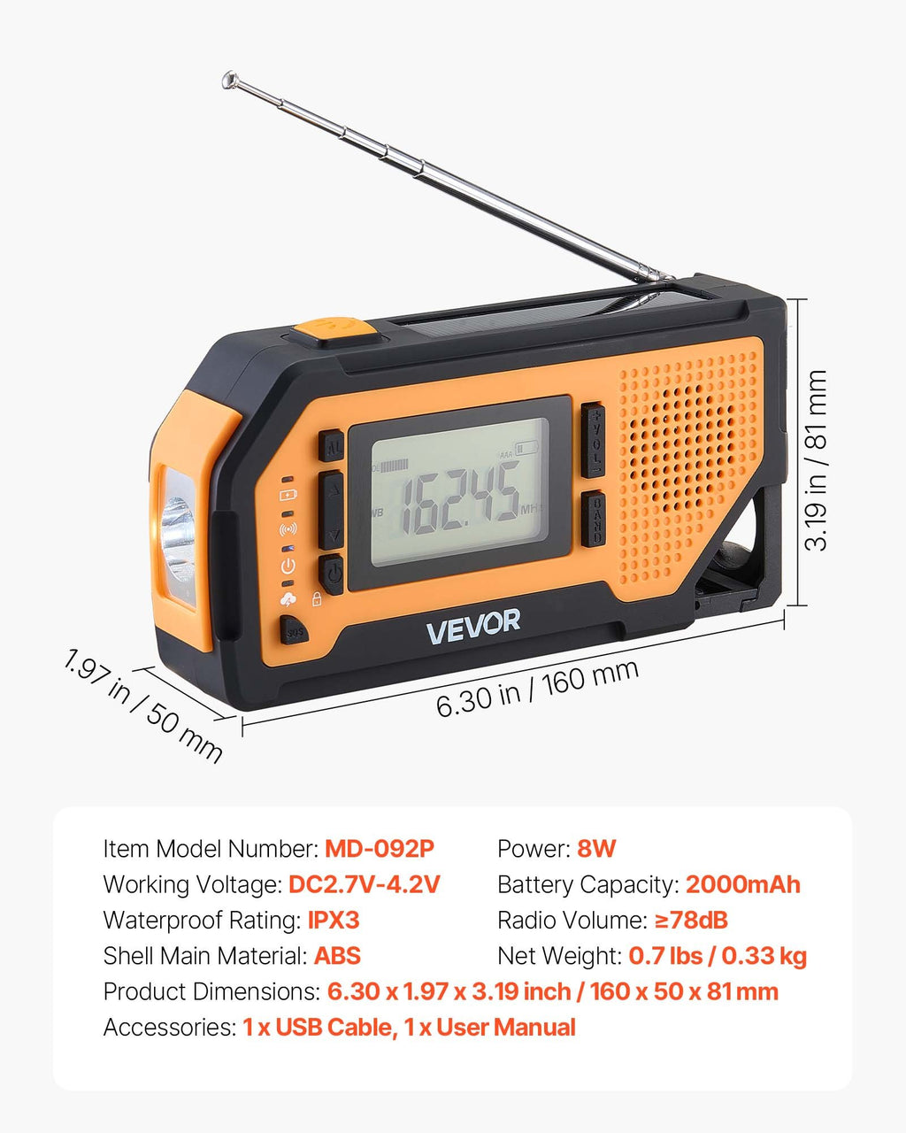 Avarinis radijo imtuvas VEVOR MD-092P, 2000 mAh