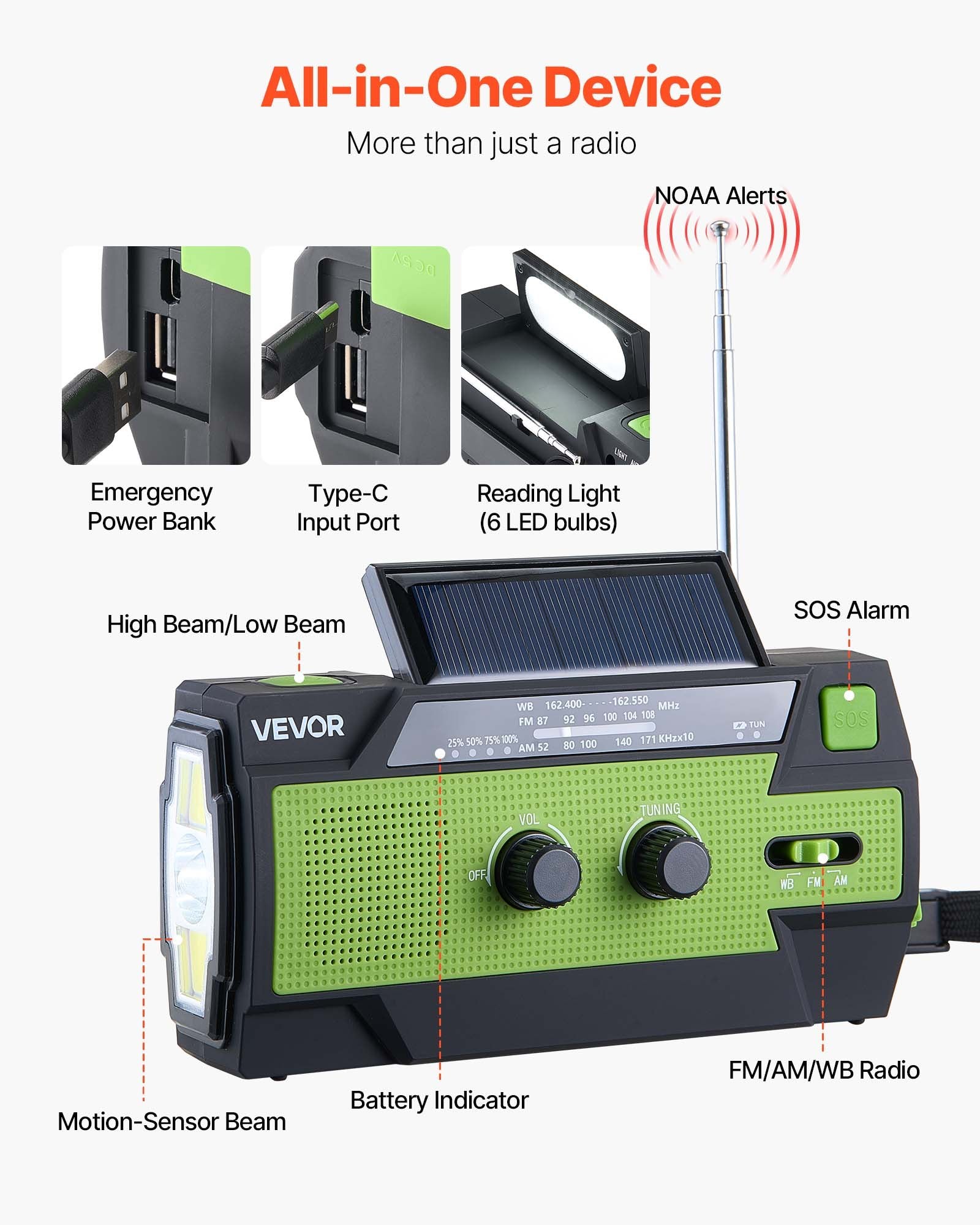 Avarinis radijo imtuvas VEVOR MD-090P, 4000 mAh