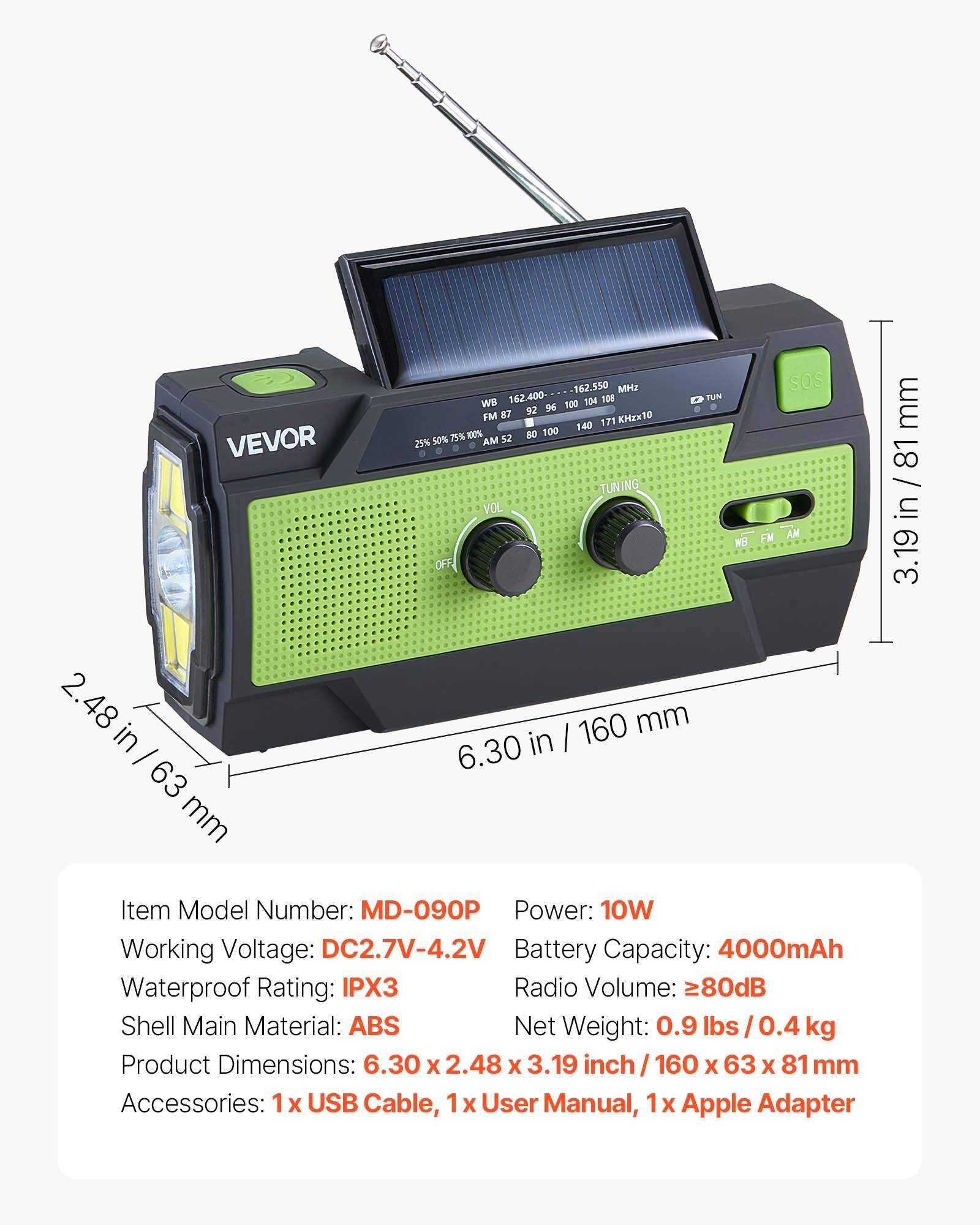 Avarinis radijo imtuvas VEVOR MD-090P, 4000 mAh