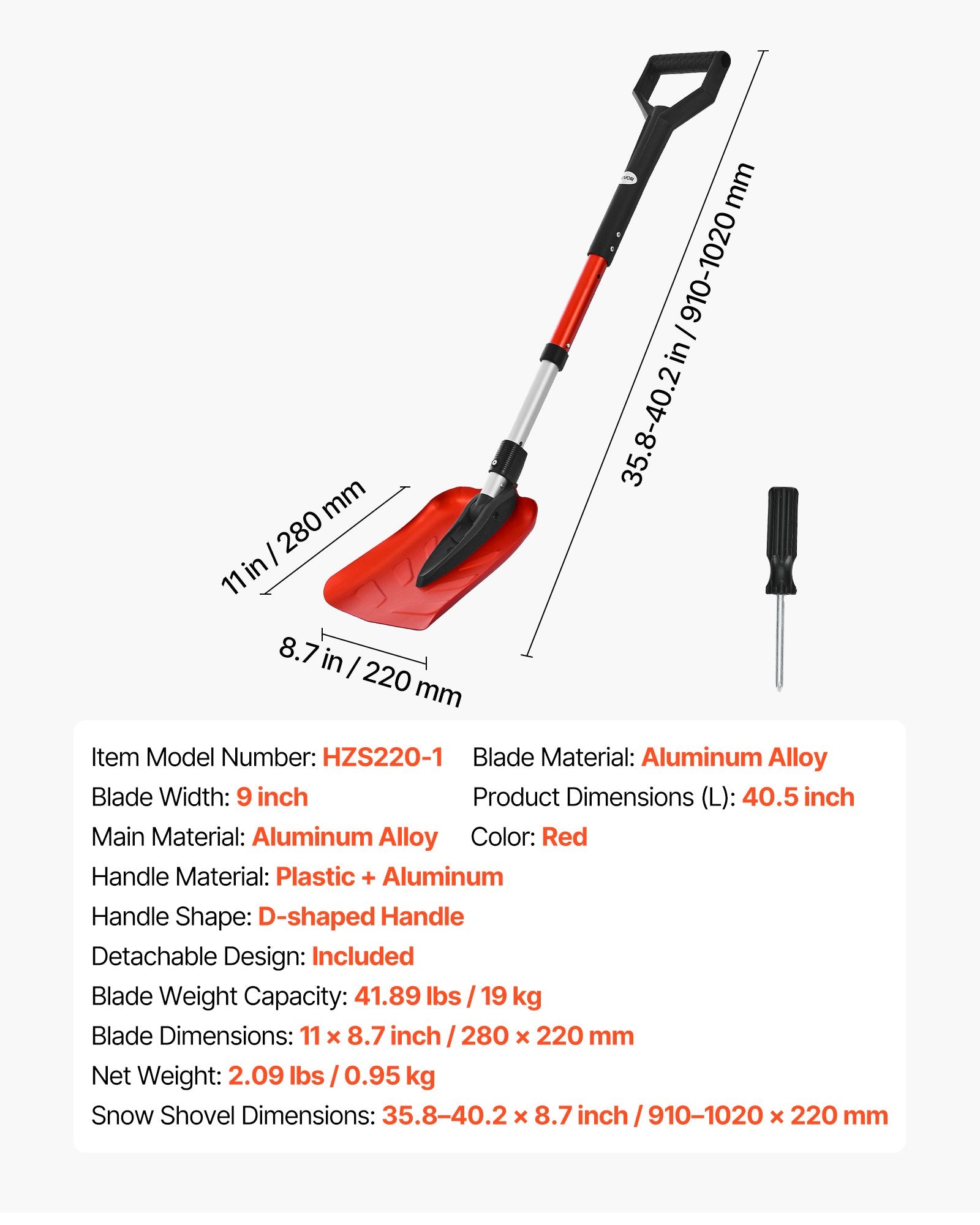 Sniego kastuvas VEVOR HZS220-1, 22 cm pločio
