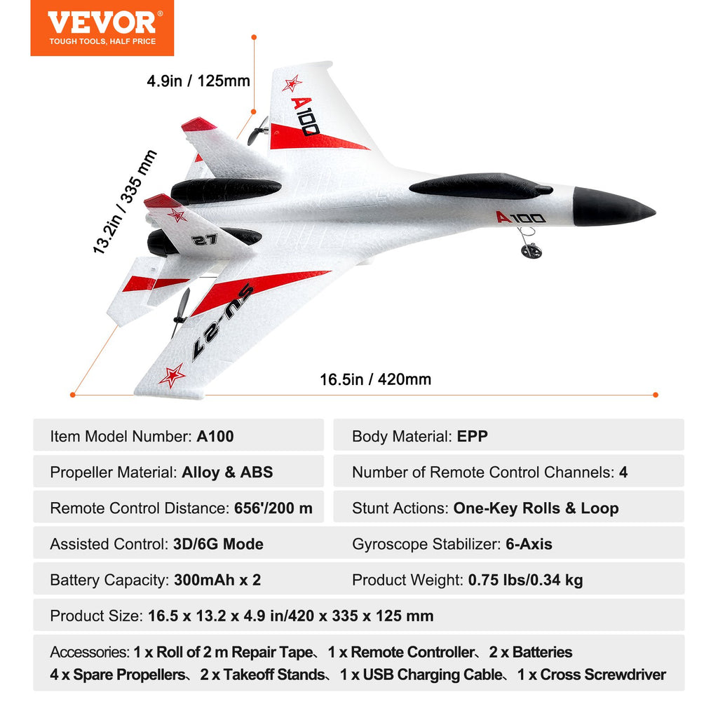 Radijo bangomis valdomas lėktuvas VEVOR A100 (SU27), 4 kanalų valdymas