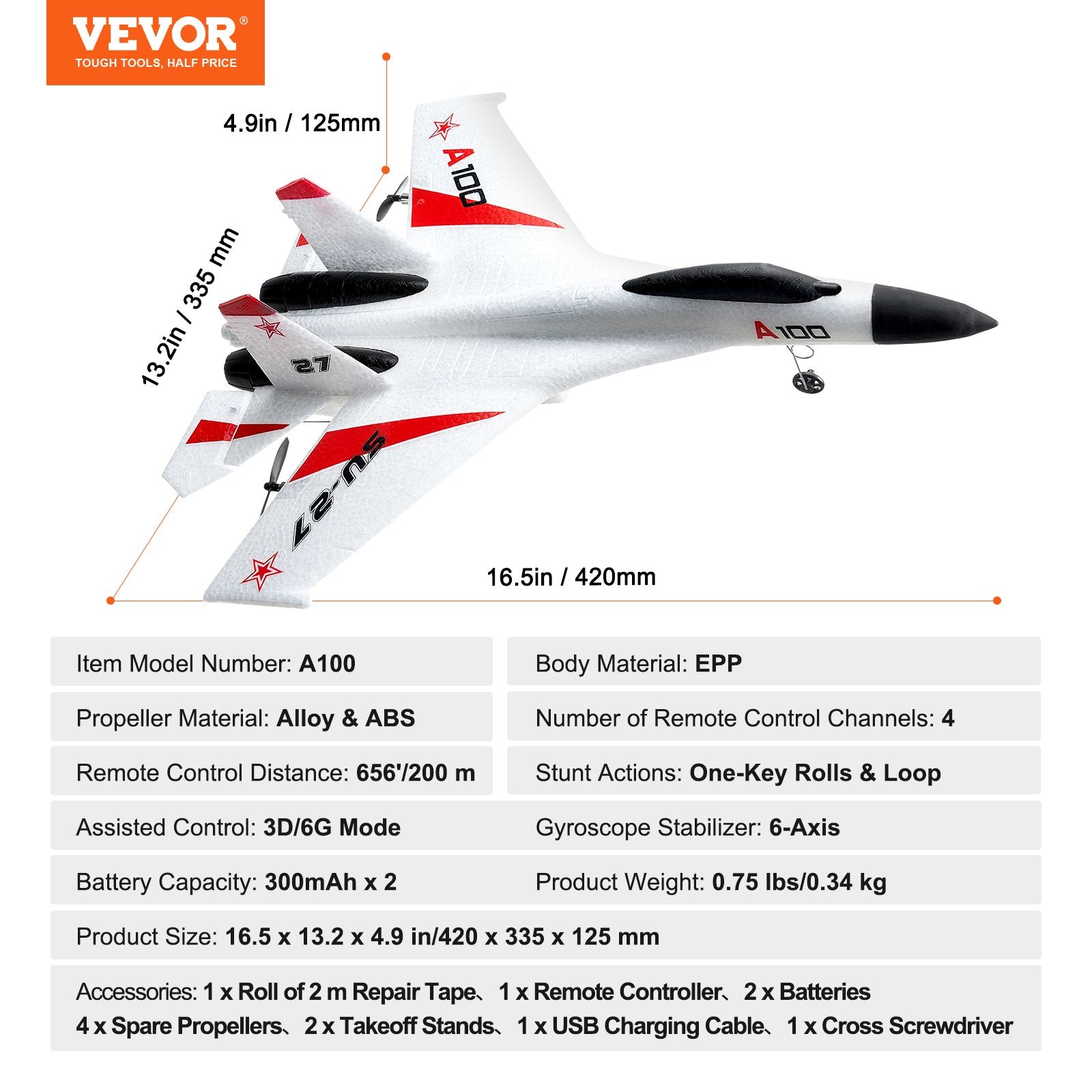 Radijo bangomis valdomas lėktuvas VEVOR A100 (SU27), 4 kanalų valdymas