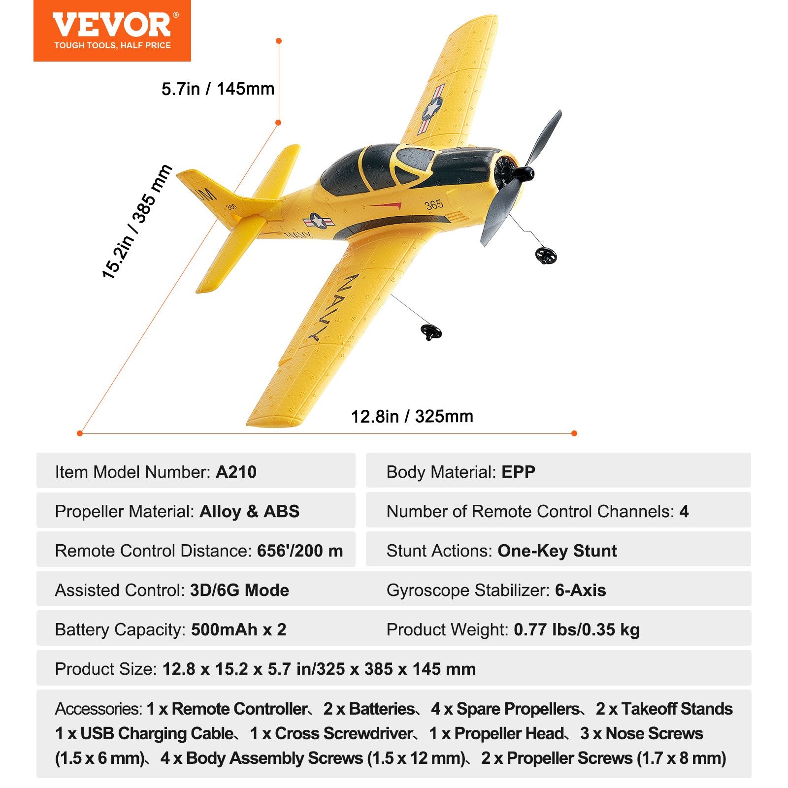 Nuotolinio valdymo lėktuvas VEVOR A210 (T28), 4 kanalų valdymas
