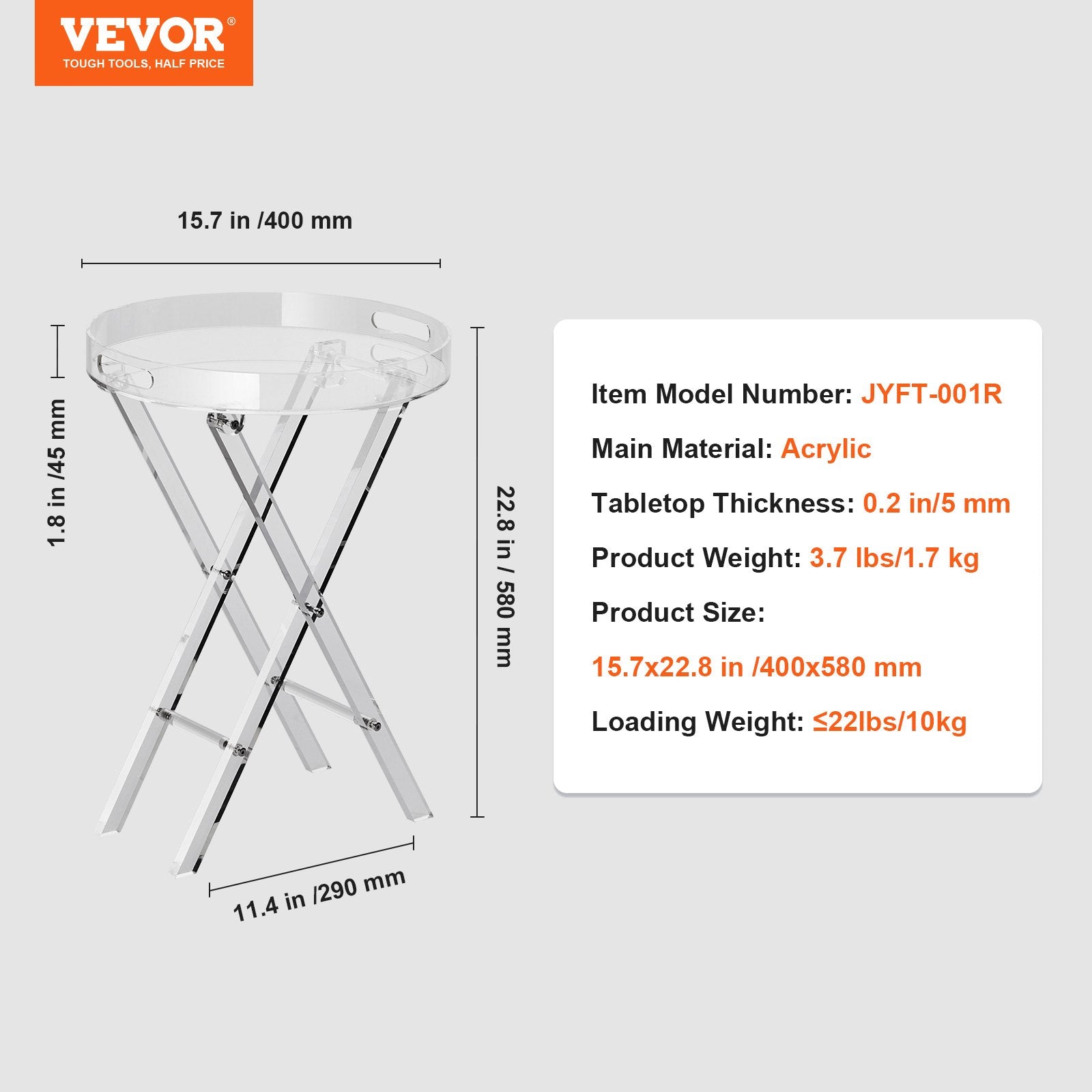 Sulankstomas akrilinis staliukas-padėklas VEVOR JYFT-001R, 40 cm skersmens