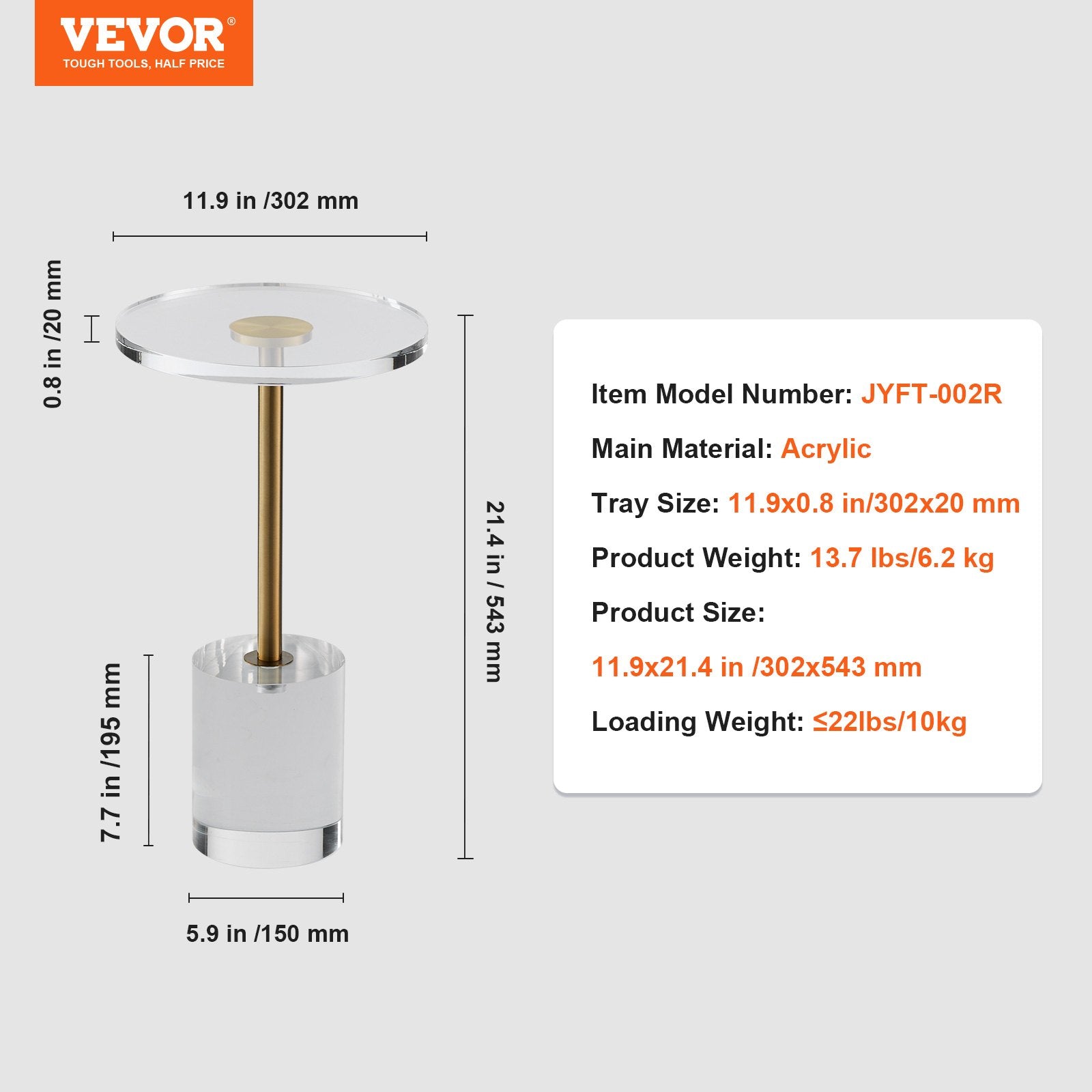 Akrilinis šoninis staliukas VEVOR JYFT-002R, 30 cm skersmens