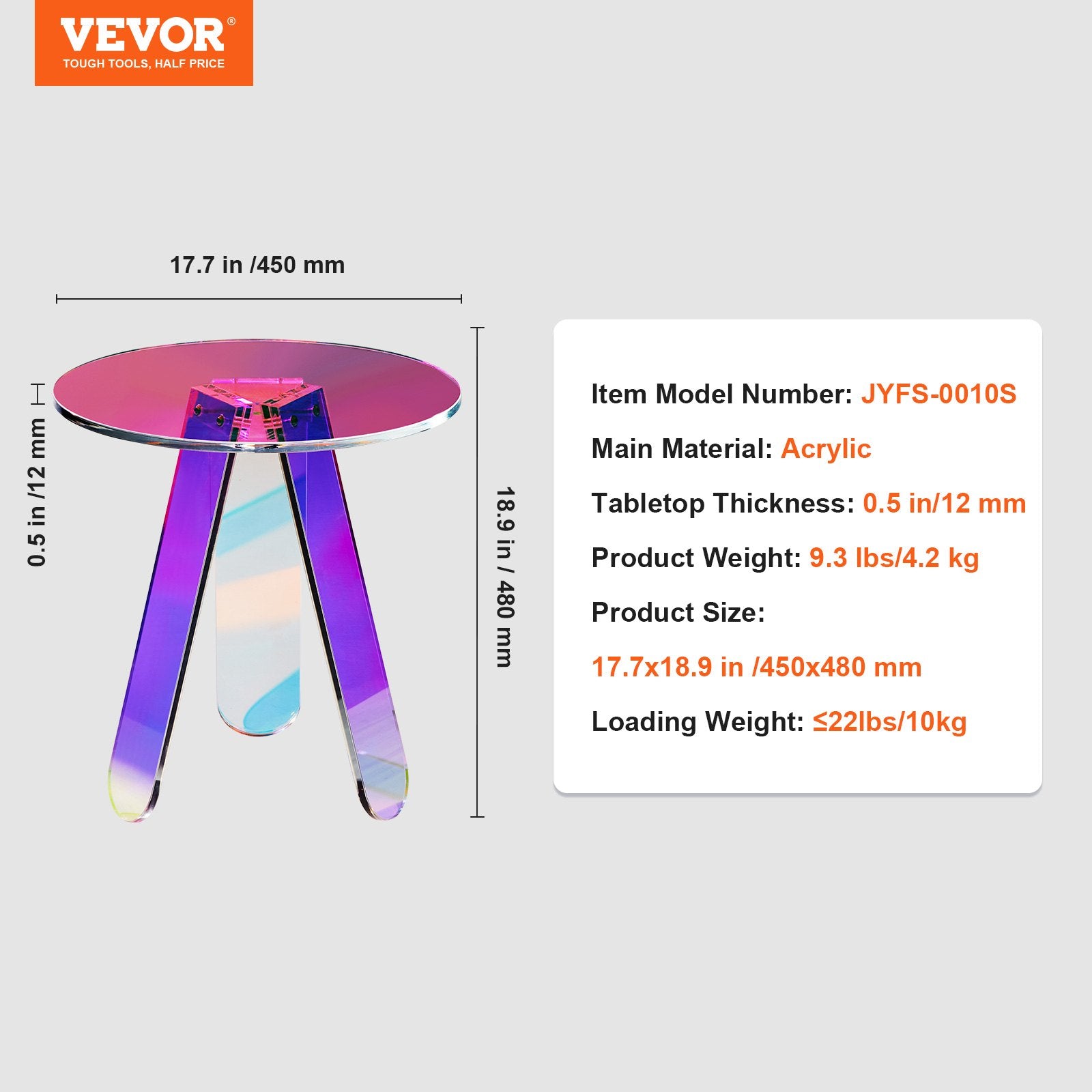 Akrilinis šoninis staliukas VEVOR JYFS-0010S, 45 cm skersmens