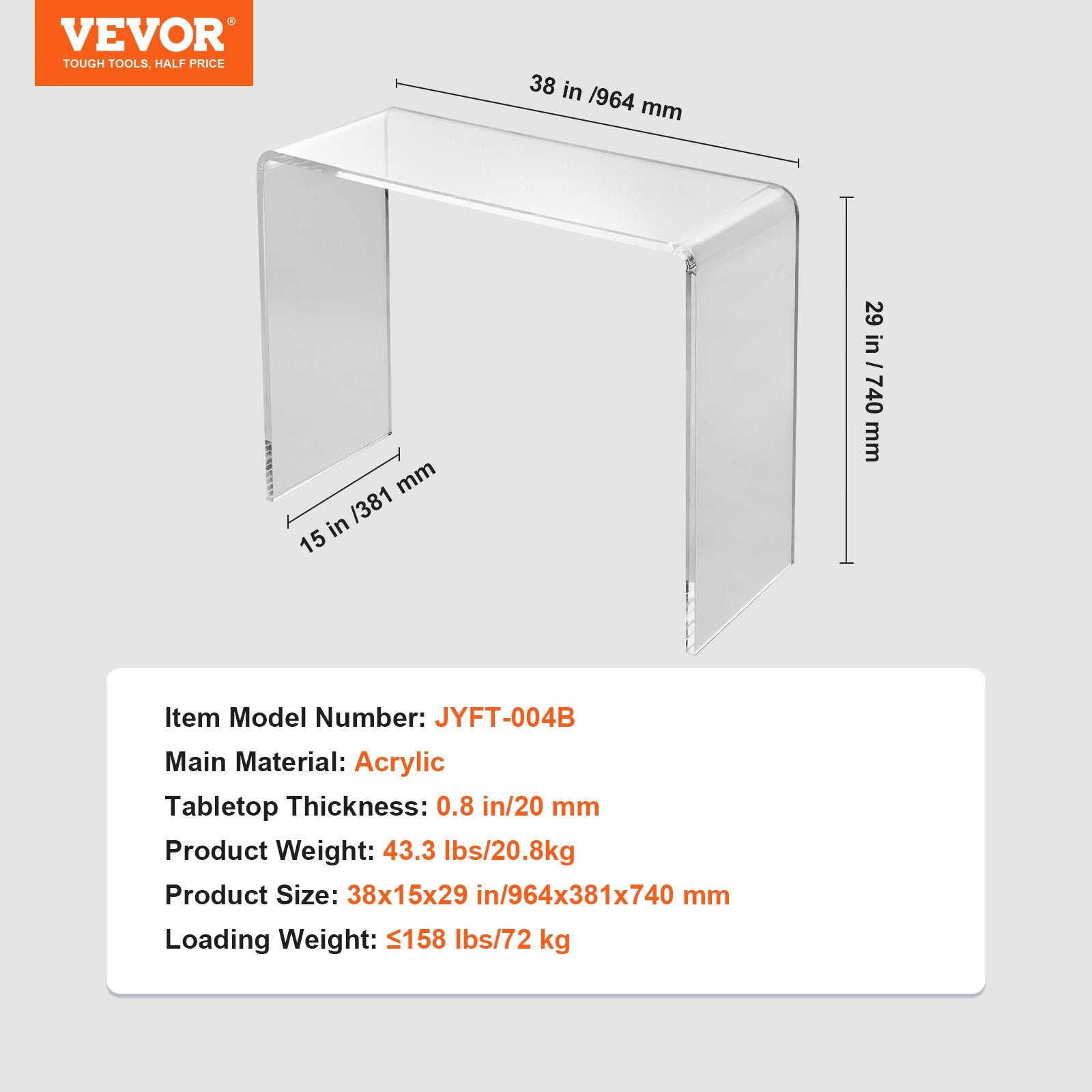 Akrilinis konsolinis staliukas VEVOR JYFT-004B, 96,4 cm ilgio