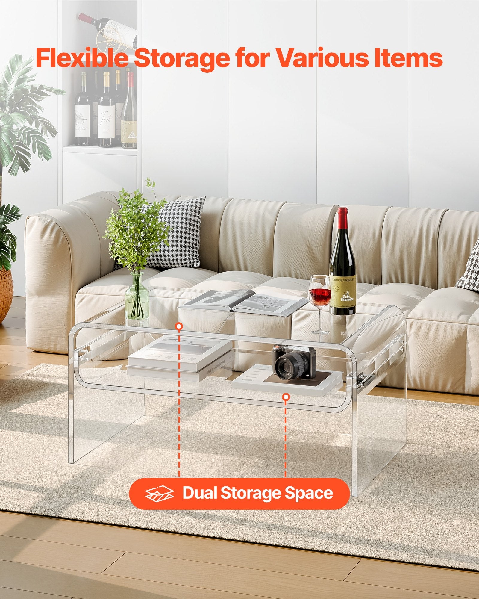 Akrilinis kavos staliukas VEVOR YKB107, 50 x 80 x 38 cm