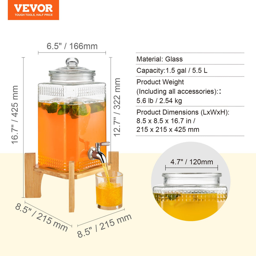 Gėrimų dozatorius VEVOR stiklinis su stovu, 5,5 l