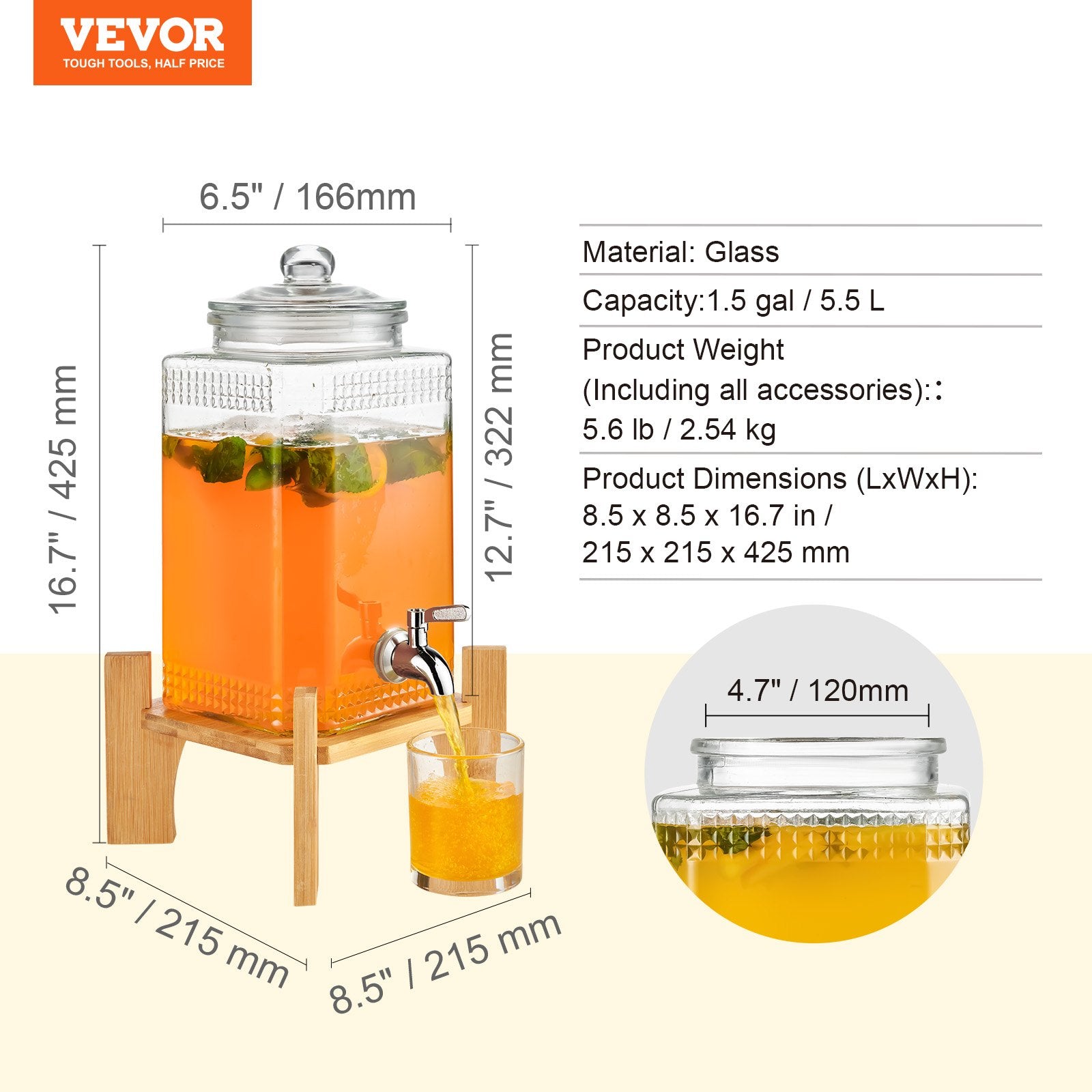Gėrimų dozatorius VEVOR stiklinis su stovu, 5,5 l