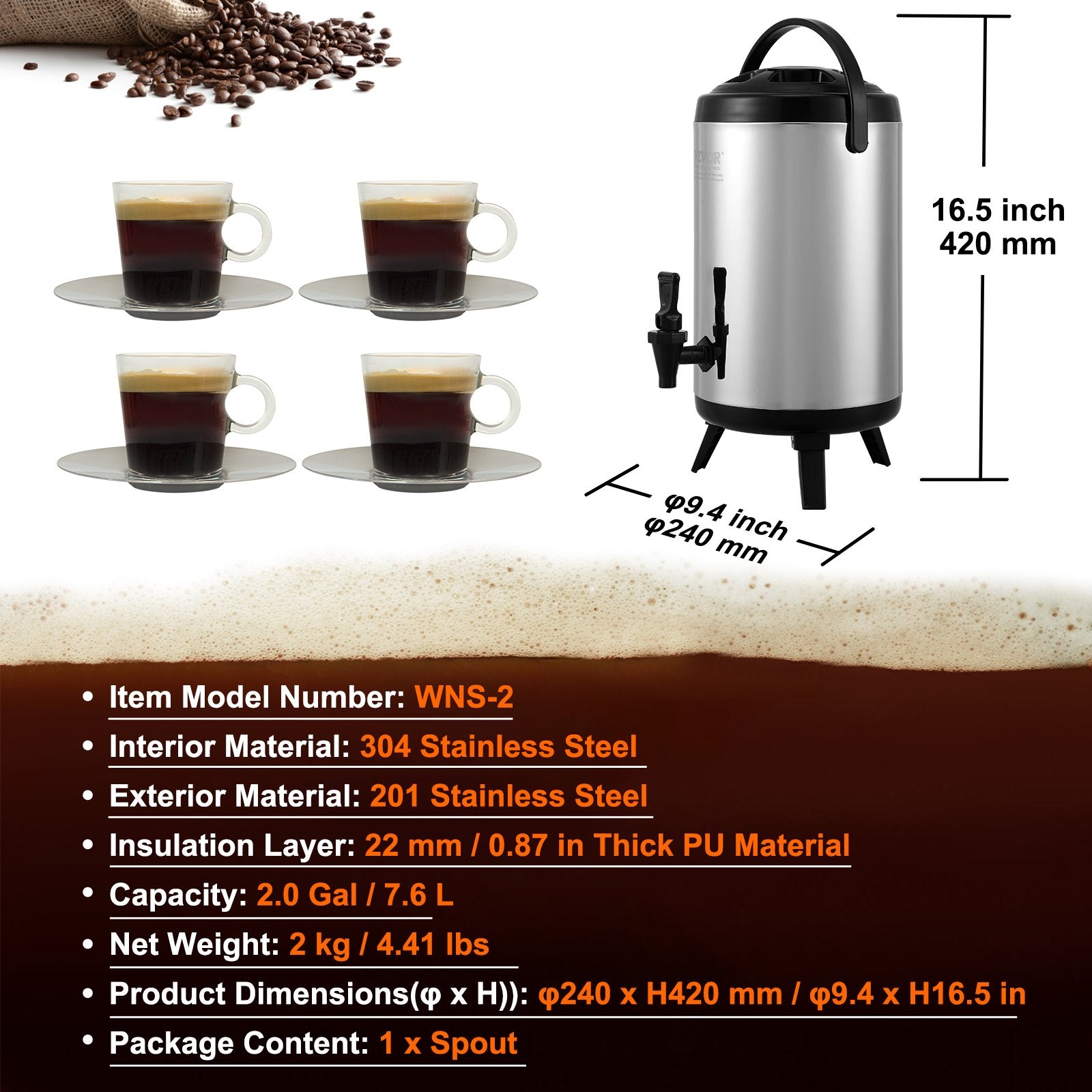 Termo gėrimų dozatorius VEVOR WNS-2, 7,6 l