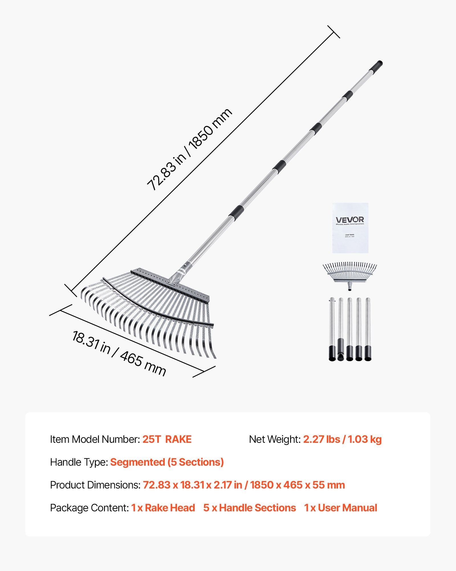 Lapų grėblys VEVOR 25T RAKE, 46,5 cm pločio galva